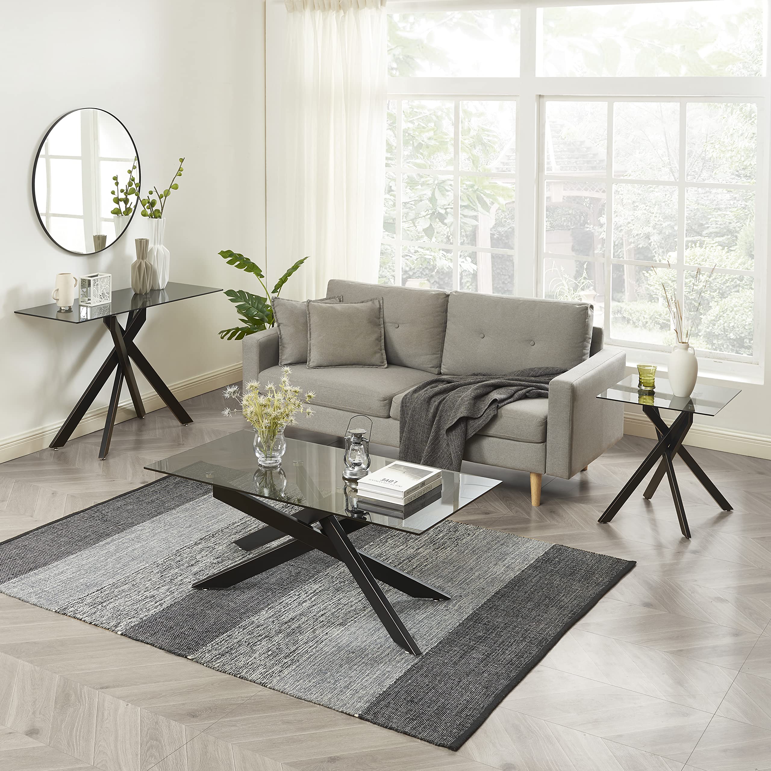 Modern Rectangle Coffee Table with Gray Tempered Glass Top & Black Metal Tubular Legs - 47.3