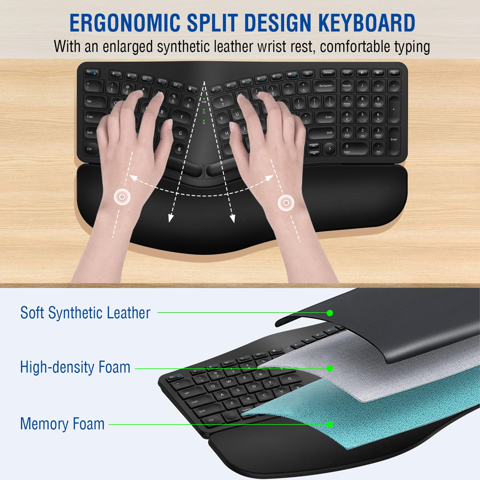 Ergonomic Wireless Keyboard - Rechargeable Bluetooth & 2.4G Split Keyboard with Cushioned Wrist Rest for Windows Mac Android iOS - Multi-Device Comfort Typing for Office, Gaming & Home Use