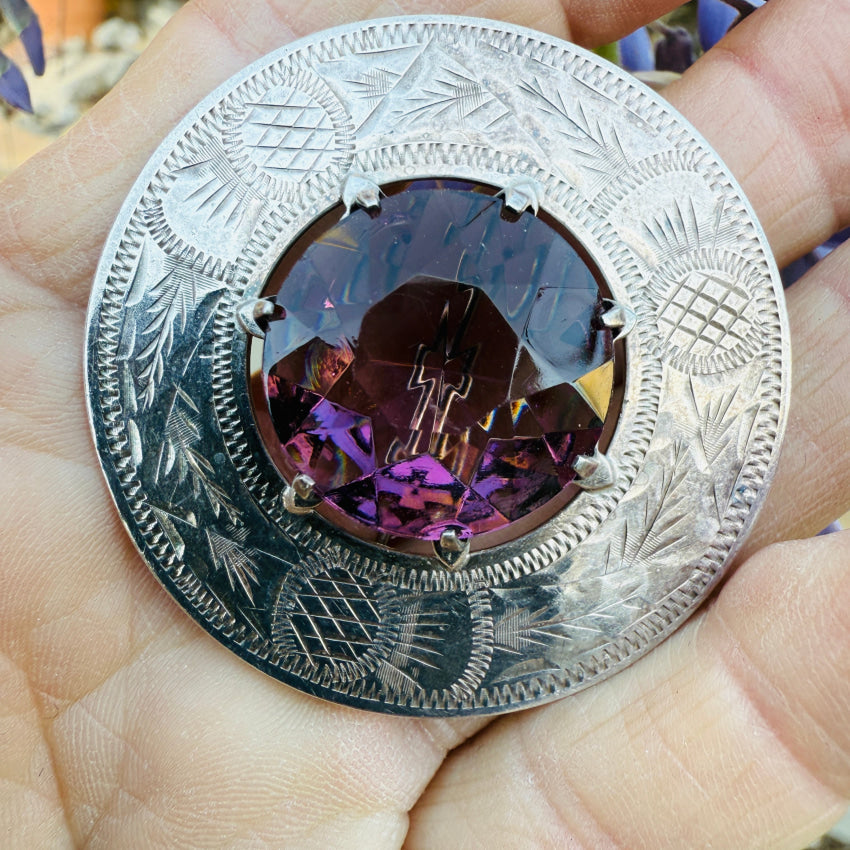 Vintage British Scottish Sterling Silver Thistle Brooch with Purple Stone - Elegant Celtic Jewelry for Women, Perfect for Weddings, Parties & Special Occasions