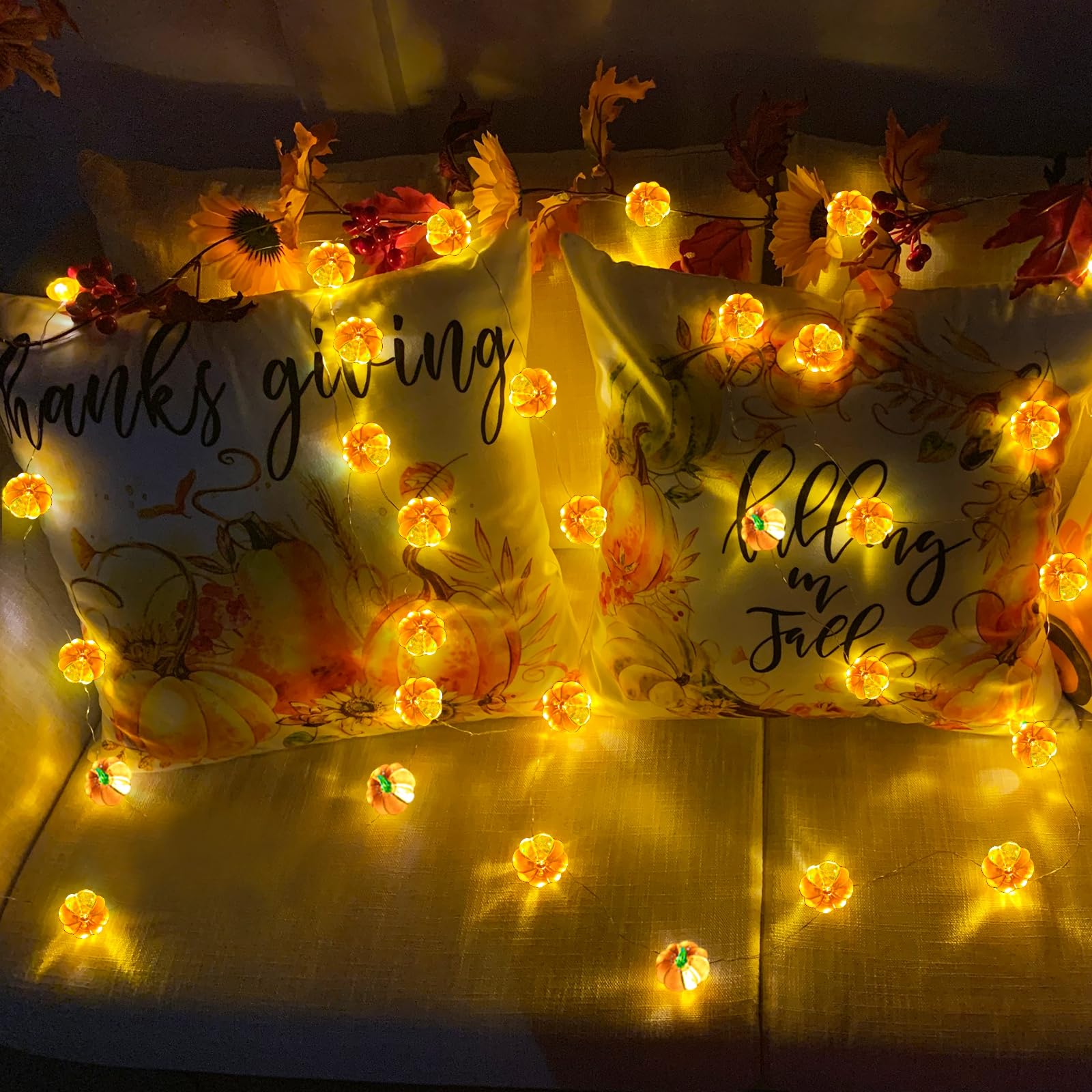2 Pack 3D Fall Pumpkin String Lights - 20Ft 40LED Warm White Battery Operated Orange Lights for Thanksgiving, Halloween & Home Decor - Indoor Thanksgiving Decor, Fall Table Centerpiece, Porch Lighting, Party Decorations