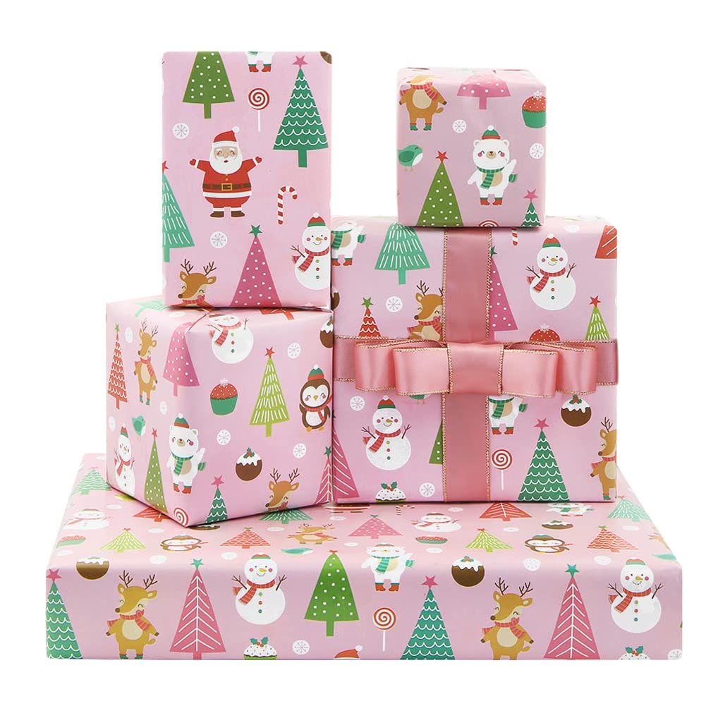 Vintage Baby Pink Christmas Wrapping Paper - 6 Sheets (20x30 Inches) with Matching Lotus Ribbon - Holiday Gift Wrap for Kids, Girls, Boys & Women - Perfect for Xmas Presents, Party Decorations & Festive Gift Giving
