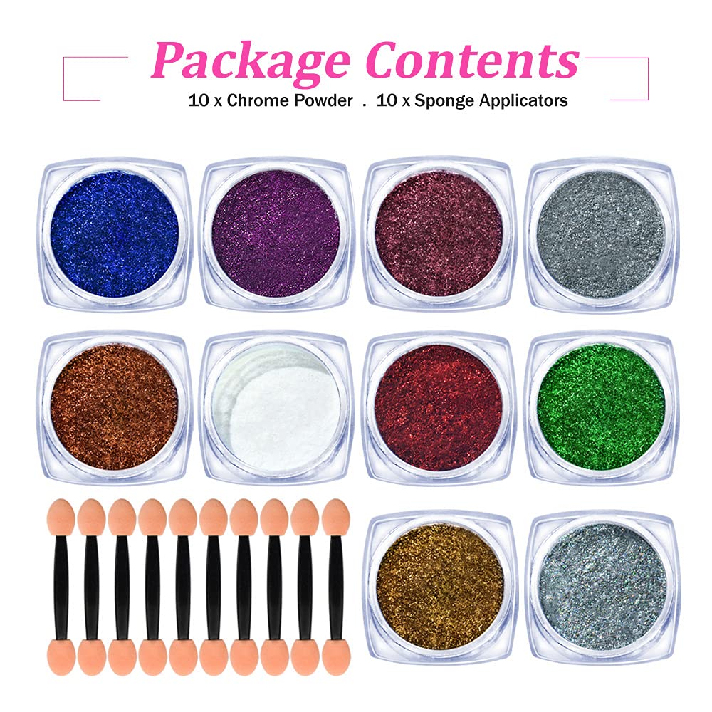 10 Jars Chrome Nail Powder Kit - Holographic & Chameleon Metallic Nail Pigments with Eyeshadow Applicators - Mirror Effect Glitter for Nail Art - Perfect for Salon, DIY Manicures & Party Nail Designs