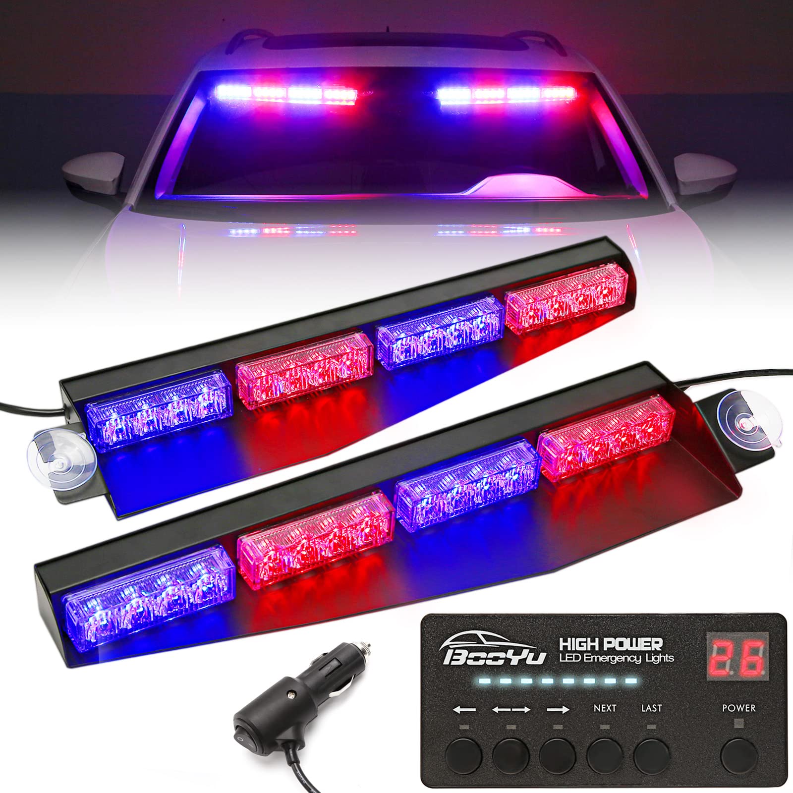 BooYu 32 LED Emergency Strobe Light Bar with Digital Display Controller - Red/Blue Warning Flashing Lights for Police, Firefighter, Security Vehicles & Trucks - Interior Windshield Dash Mount - 2W/LEDs - Perfect for Emergency Response, Roadside Assistance & Nighttime Visibility