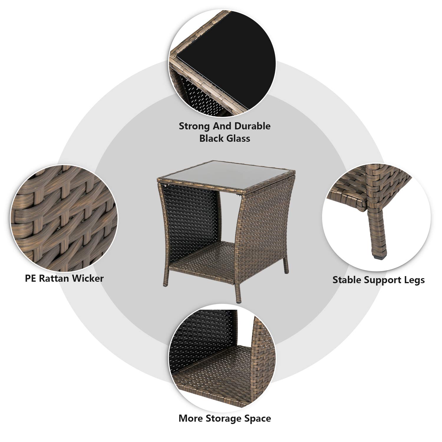 Kinsuite PE Patio Side Table - Outdoor Wicker Coffee Table with Glass Top, Rattan End Table with Iron Frame for Backyard, Lawn, Balcony & Pool - Perfect for Relaxing, Entertaining & Outdoor Decor (Dark Blonde)