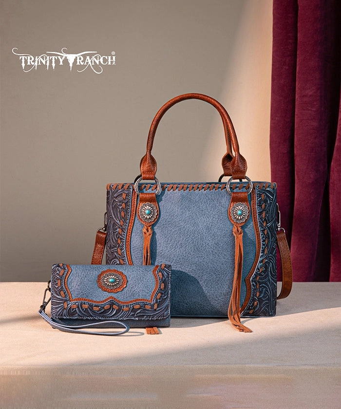 Trinity Ranch Floral Tooled Concho Tote Bag Set - Western Style Leather Handbag for Women - Perfect for Cowgirl Fashion, Rodeo Events & Country Outfits