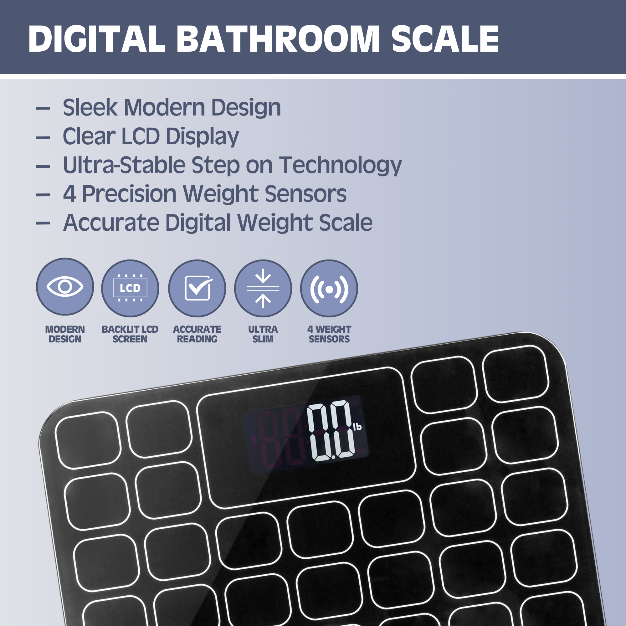 Smart Digital Bathroom Scale - Accurate Body Weight Measurement with Auto Step-On Technology, Ultra Thin & Heavy Duty Design in Black Grid - Perfect for Home Gym, Weight Loss Tracking & Health Monitoring