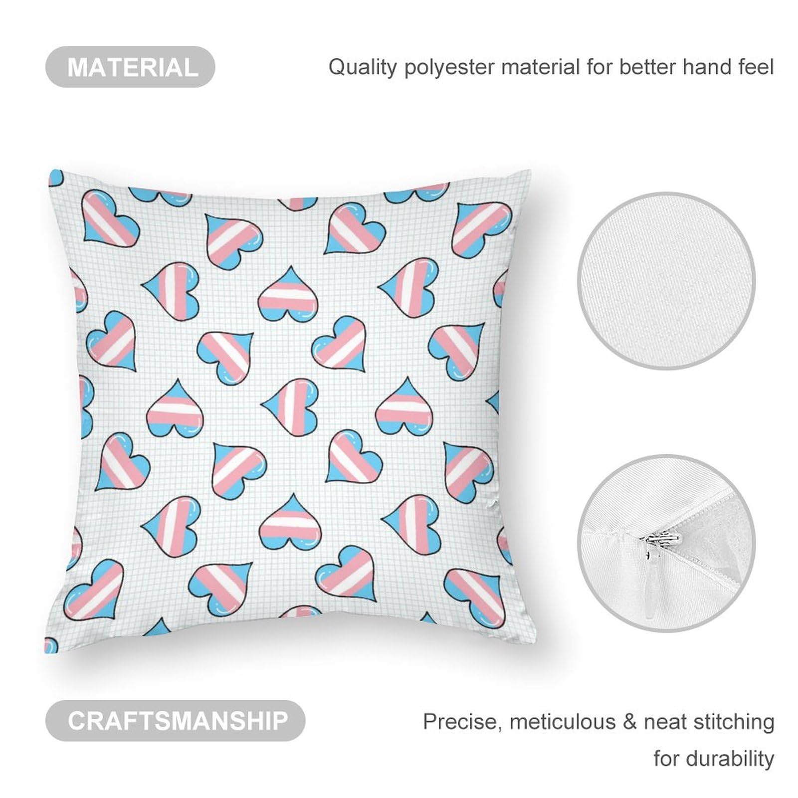 Soft Transgender Heart Polyester Pillow Cases - 14x14 Inch Cushion Covers for Sofa, Bed & Decor - LGBTQ+ Pride Home Accessories for Living Room, Dorm or Gift