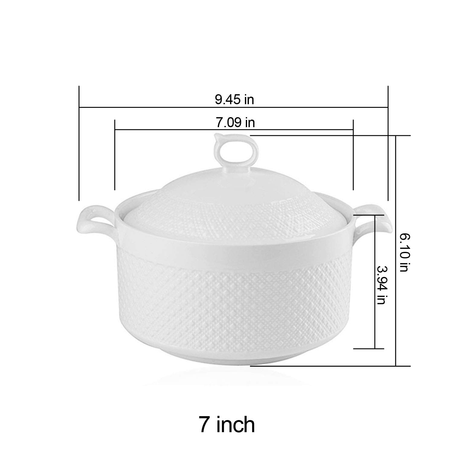 BAKOUSTAR 7-Inch Double Handle Pure White Ceramic Soup Tureen with Lid - Heat-Resistant Casserole, Clay Pot & Earthen Cookware for Serving, Baking & Gifting - Perfect for Soups, Stews, Side Dishes & Dinner Parties