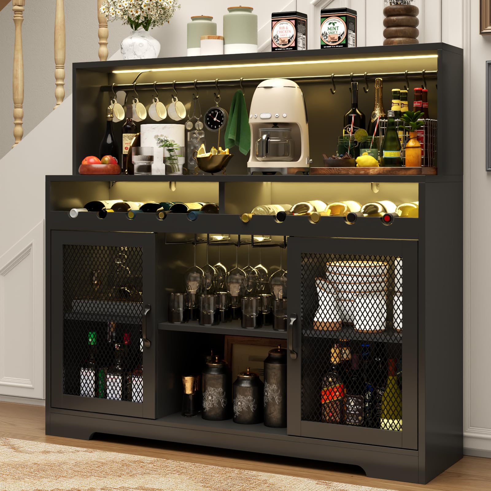 Loomie Modern Wine Bar Cabinet with LED Lighting - Glass Holder Liquor Storage & Coffee Bar Buffet Cabinet with Wine Racks & Mesh Door - Perfect for Home Bars, Dining Rooms & Entertaining (Black)
