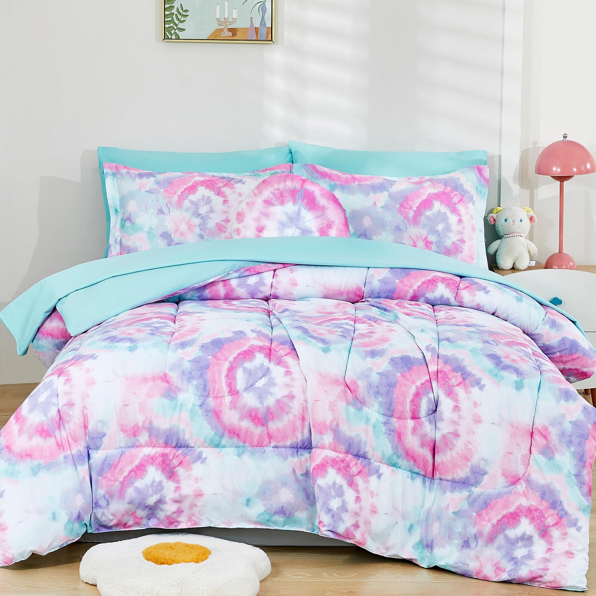 Mooreeke Tie Dye Twin Size Kids Comforter Bed Set - 6 Piece Bed in a Bag with Shams, Sheet Set & Toy Pillow - Dark Pink Round Flower Design - Soft Microfiber Bedding for Girls - Perfect for Kids' Bedrooms, Sleepovers & Nursery Decor