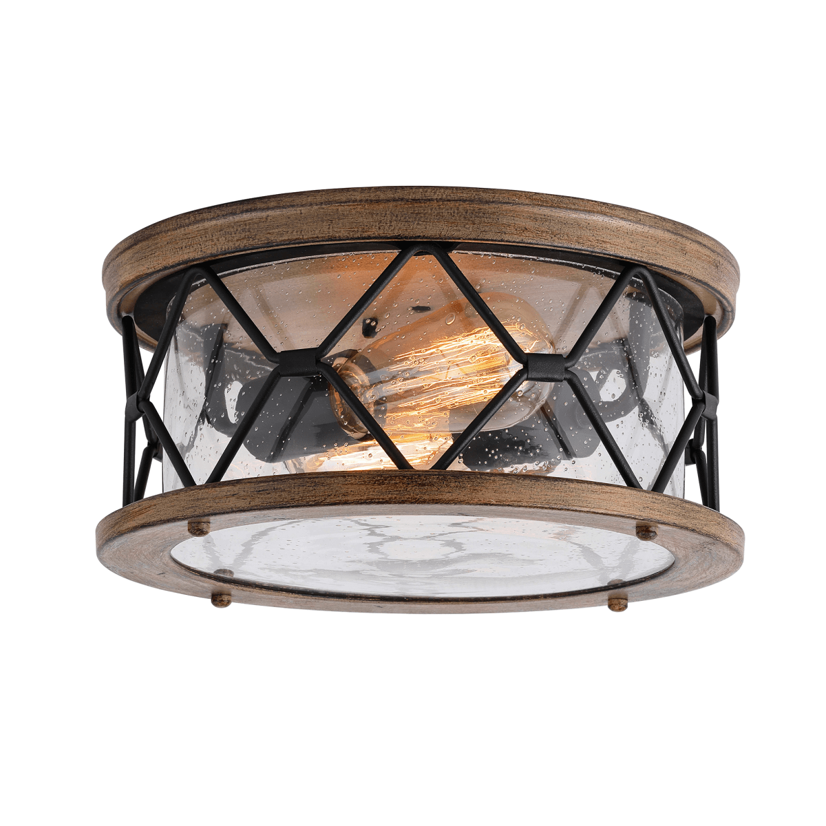 Modern Industrial 2-Light Flush Mount Ceiling Fixture - Matte Black & Wood Finish with Seeded Glass - Perfect for Kitchen, Hallway, Bedroom Lighting