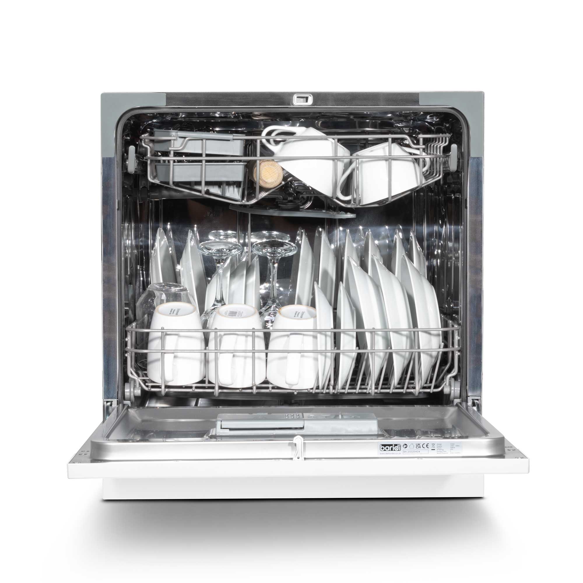Baridi Compact Tabletop Dishwasher - 8 Place Settings, 6 Wash Programs, Ultra Quiet (45dB), 8L Capacity, Energy Efficient, White (Model DH86) - Perfect for Apartments, Dorms, RVs & Small Kitchens