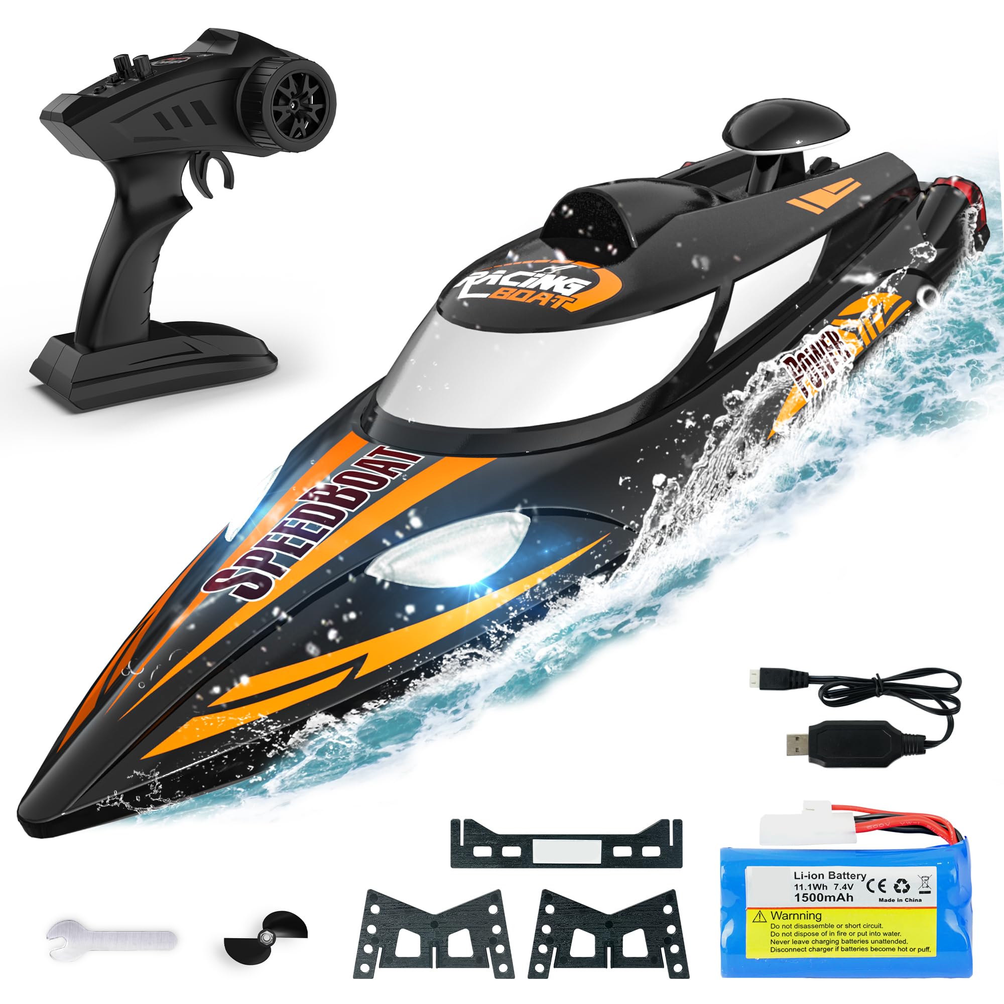 BEZGAR 18 Inch Large Remote Control Boat for Adults & Kids - 35KMH High Speed RC Boat for Lakes & Oceans - 1500mAh Rechargeable Battery - Durable TX125 Black RC Boat - Perfect Gift for Boys & Outdoor Water Play