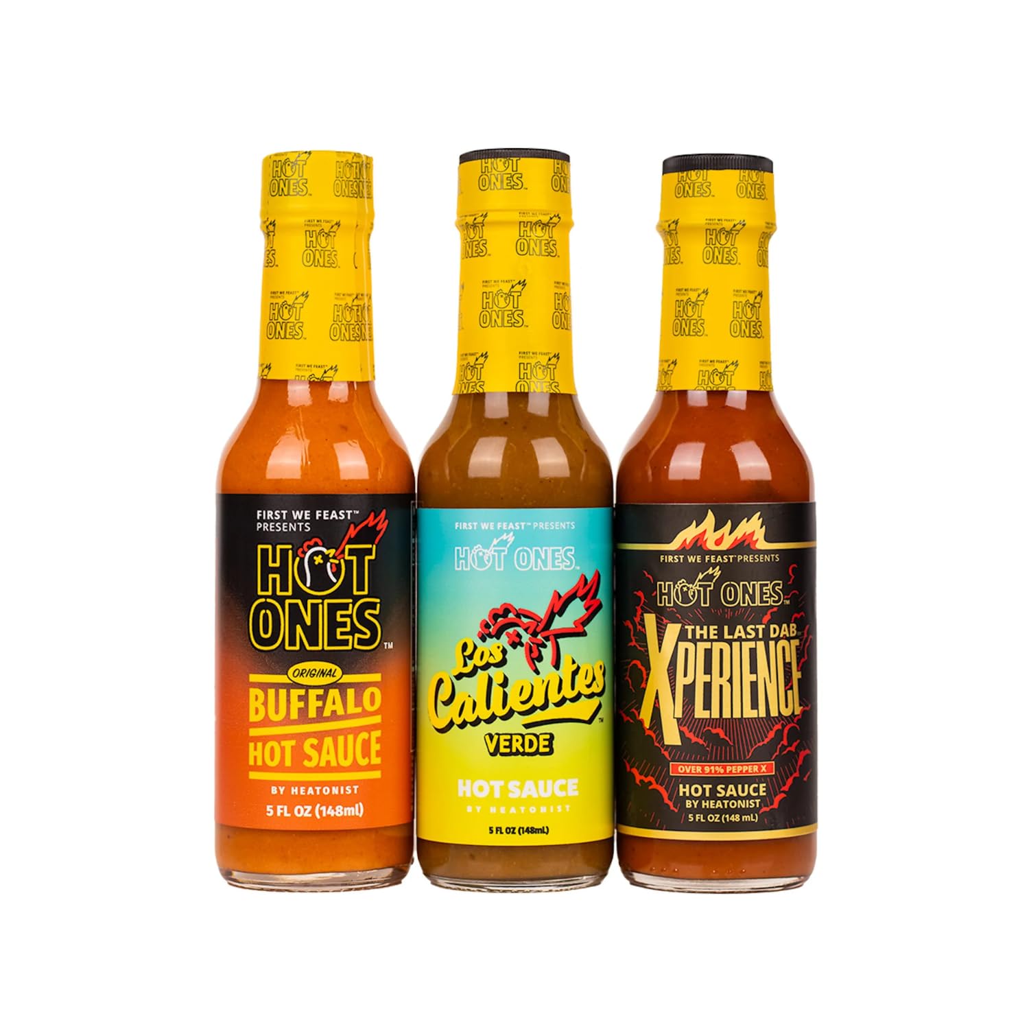 Hot Ones Season 23 The Classic Trio Hot Sauce Gift Set - Buffalo Sauce, Los Calientes Verde & The Last Dab Xperience - All Natural Ingredients - 5 fl oz Bottles (3-Pack) - Perfect for Spicy Food Lovers, Game Nights & Gift Giving