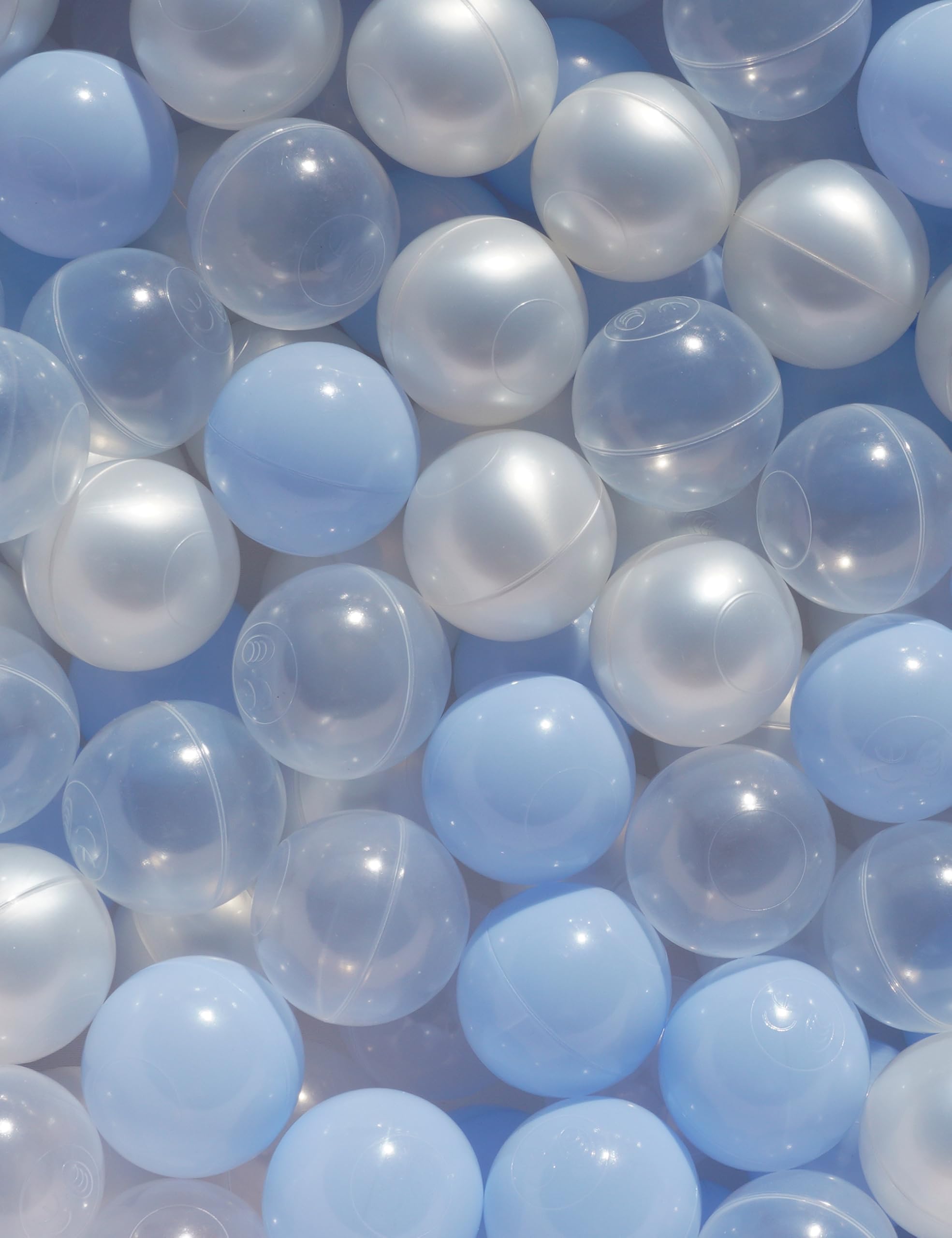 100 Phthalate-Free & BPA-Free Crush-Proof 2.16 Inch Plastic Ball Pit Balls for Babies & Toddlers - Multicolor Play Pit Balls for Kids (Pearl Blue, Pearl White, Clear) - Perfect for Indoor Playpens, Sensory Play, and Birthday Party Gifts