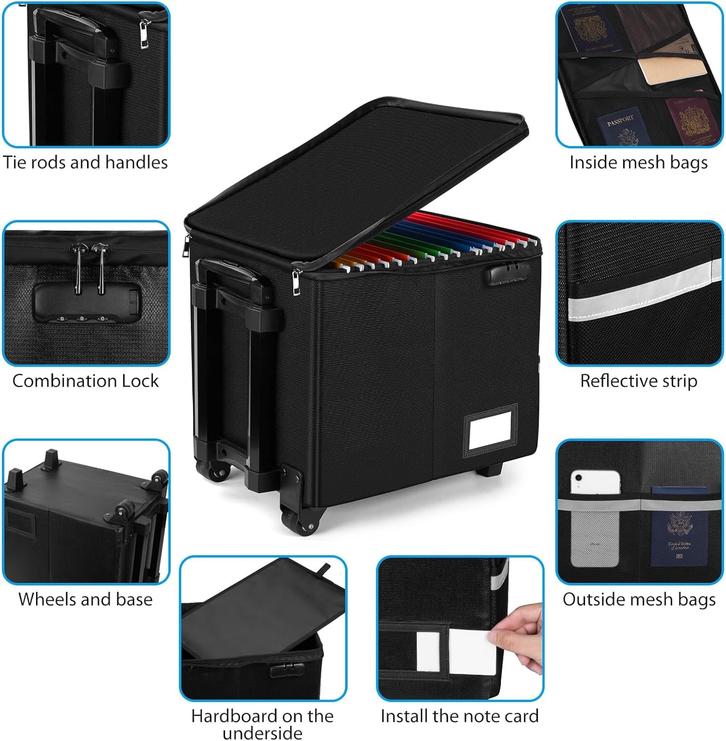 Fireproof Rolling File Box with Wheels & Lock - Portable Collapsible File Storage Cart with Telescopic Handle - Black - Ideal for Office, Home & School Document Organization