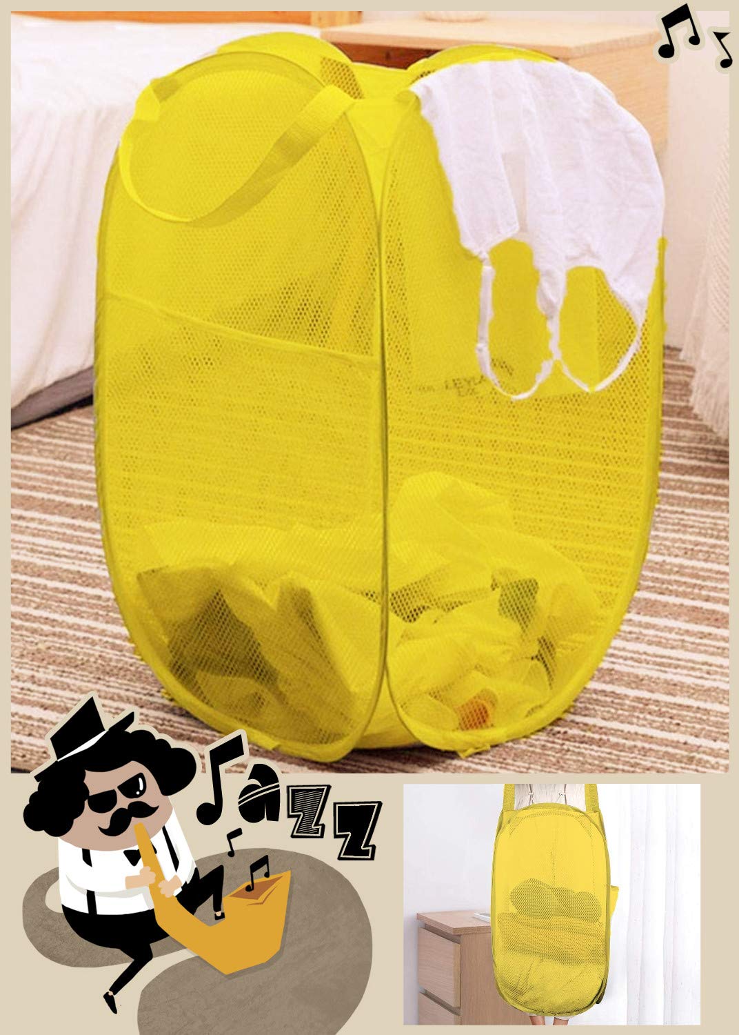 Foldable Mesh Laundry Hamper with Large Pocket - Portable Pop-Up Clothes Basket for College Dorm, RV & Travel - Yellow Rectangle Organizer Bin for Bedroom, Bathroom & Camping