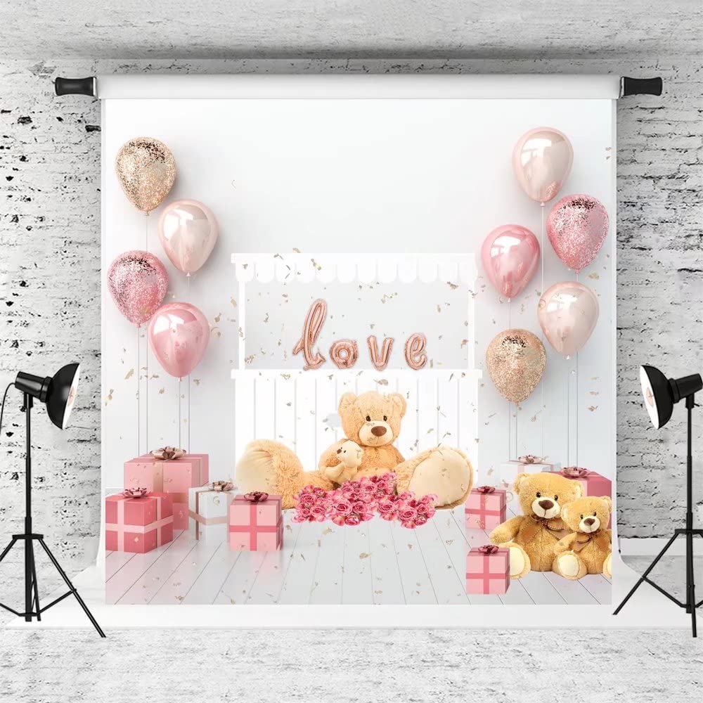 10x10ft Valentine's Day Photography Backdrop - Kate Fabric Background with Teddy Bear & Balloons Design for Wedding, Party Decorations | Perfect for Photo Booths, Baby Showers & Romantic Events
