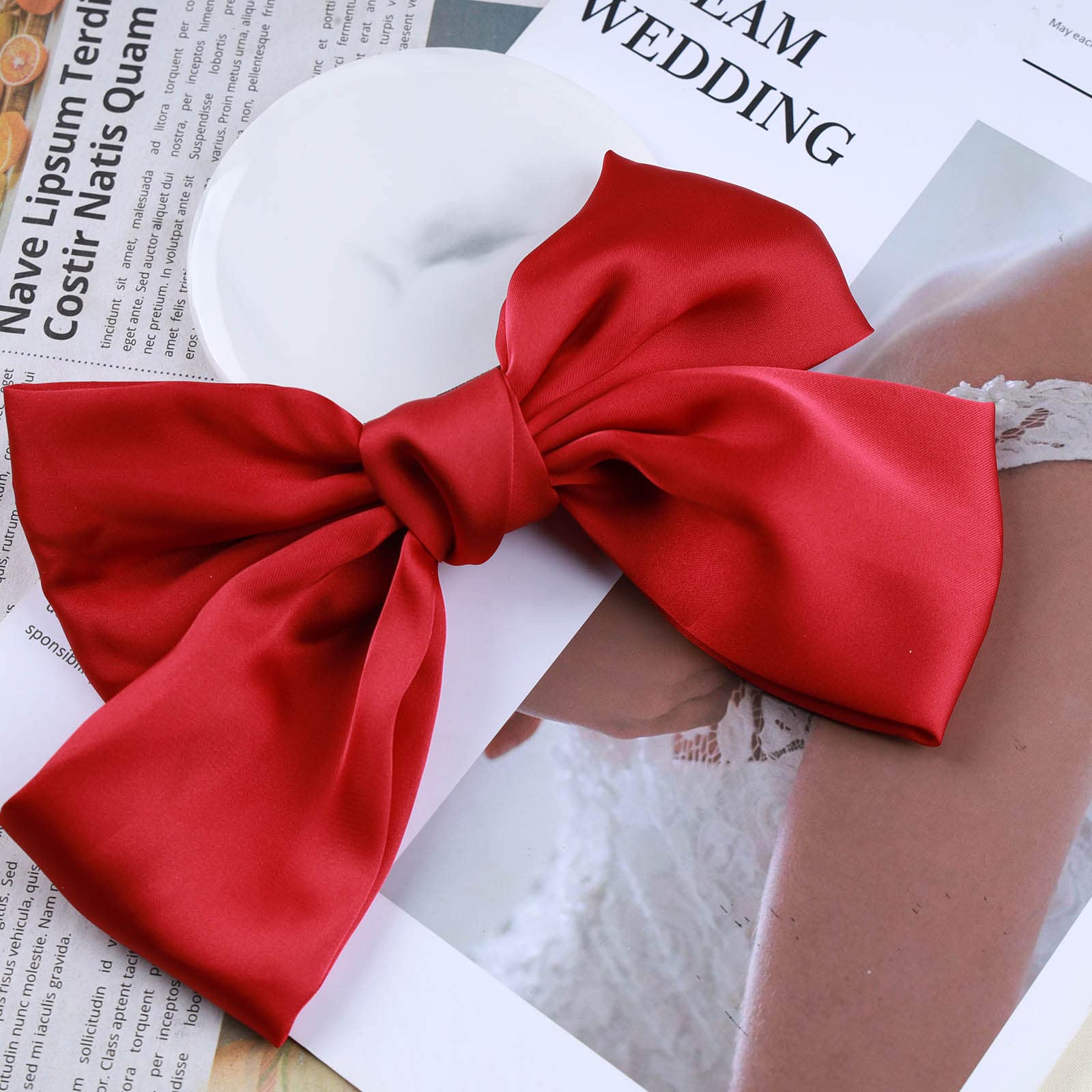Vintage Silk Bow Hair Clip - Large Red Hair Barrette for Women & Girls - Elegant Headwear for Weddings, Parties & Daily Styling