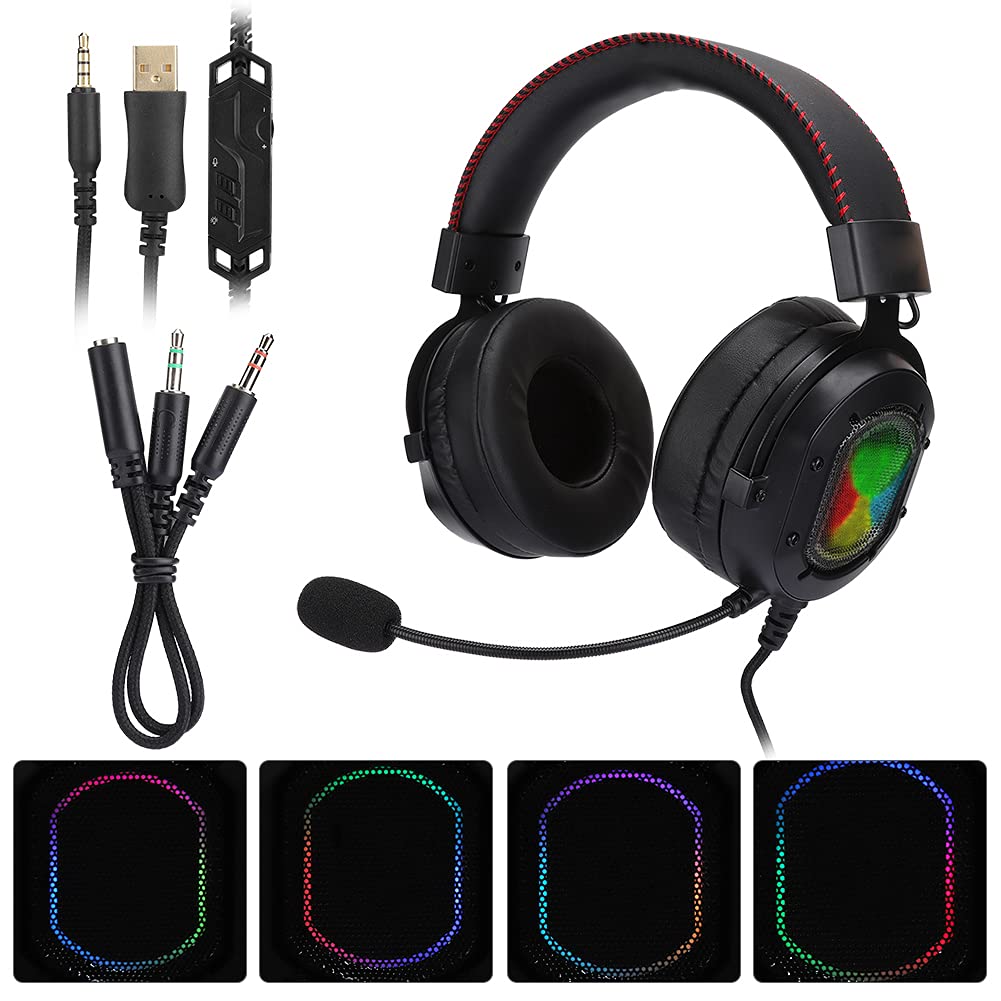 Wired Gaming Headset with RGB Lighting & Noise Cancelling Mic - 3.5mm Wired Headphones with Crystal Clear Audio for PC, Laptop, Xbox, PlayStation - Perfect for Competitive Gaming & Online Meetings (Black & Red)