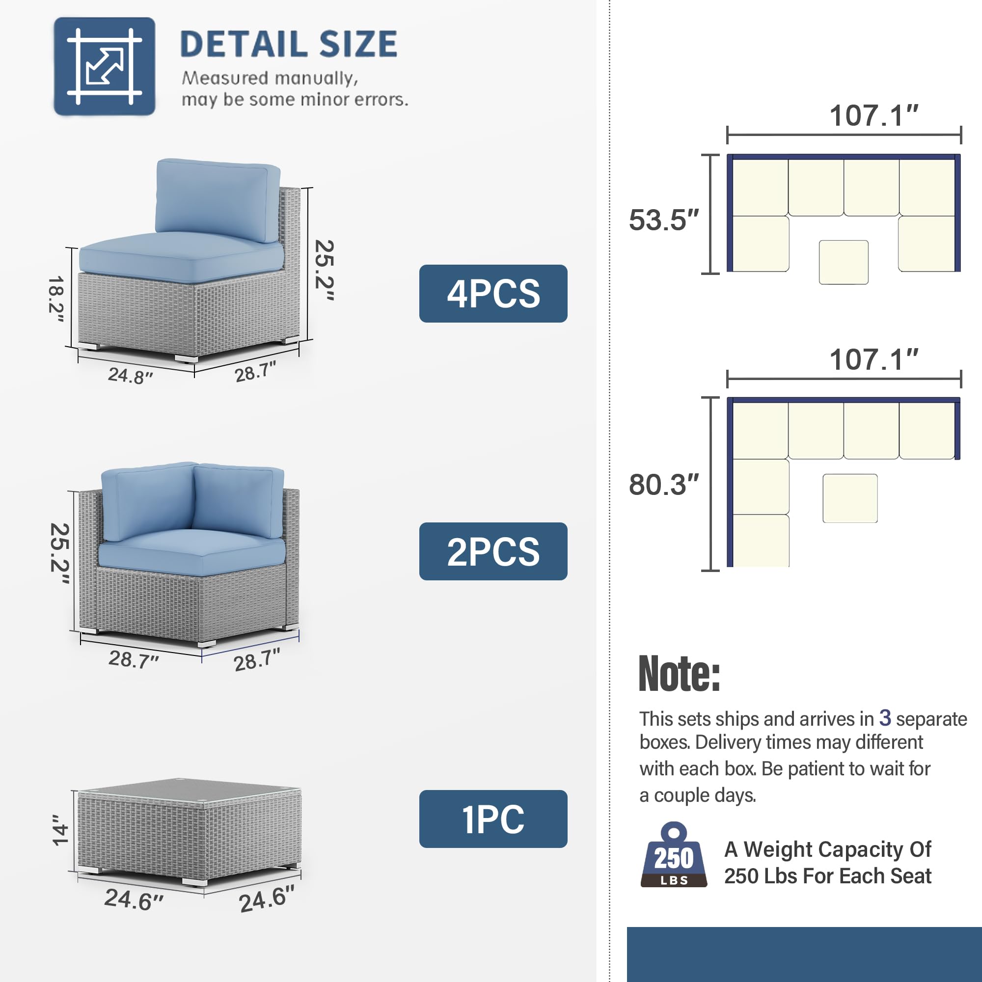 SUNCROWN 7-Piece Outdoor Patio Furniture Set - Grey Wicker Sectional Sofa with Coffee Table & Light Blue Cushions - Perfect for Backyard, Garden, Poolside & Patio Conversations