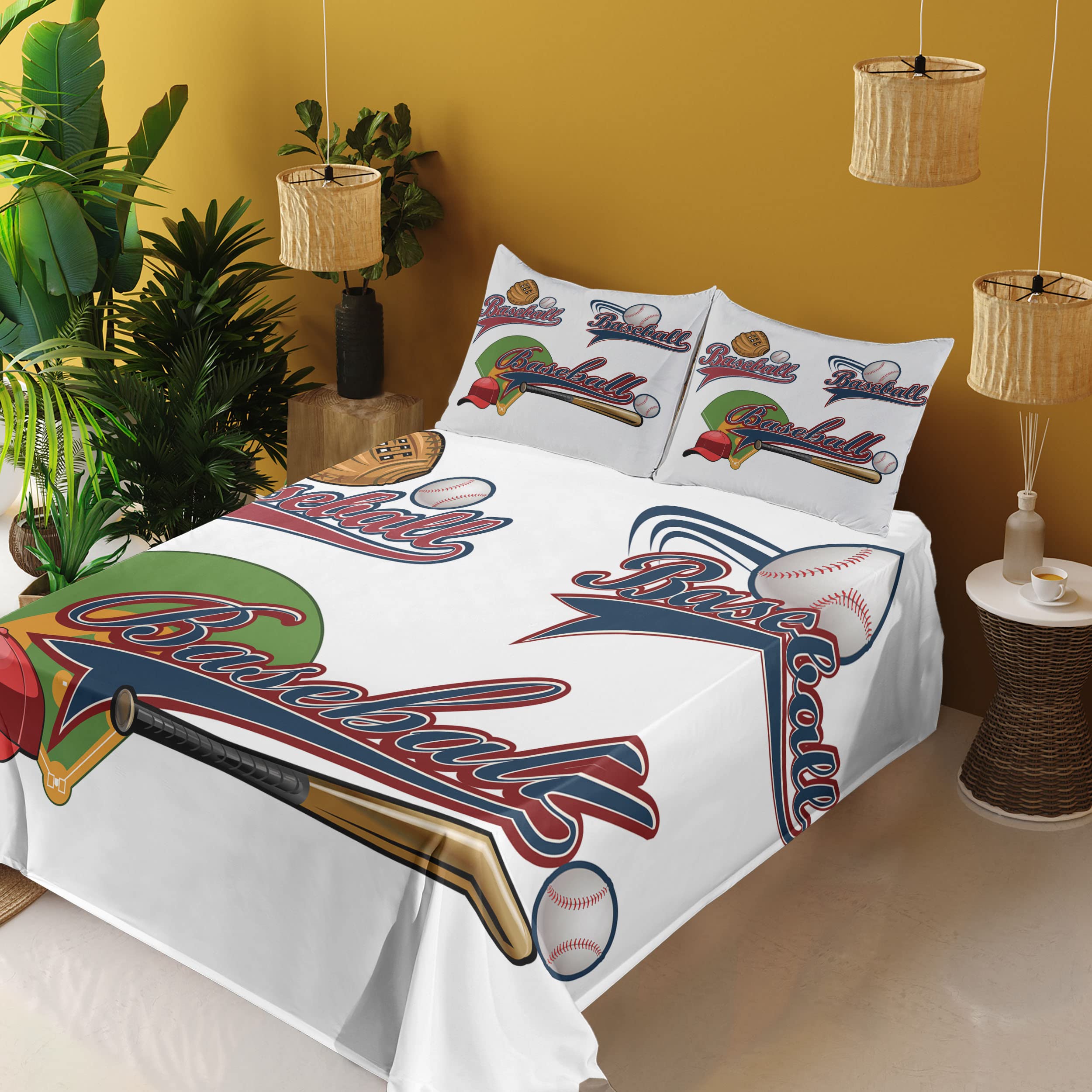 Ambesonne 3-Piece Baseball Sports Sheet Set - Twin XL Fitted & Flat Sheet with Pillowcase - Baseball Mitt, Bat & Ball Design - Team Sports Bedding for Kids & Adults - Perfect for Game Day Decor, Sports Themed Bedrooms & Fan Gifts