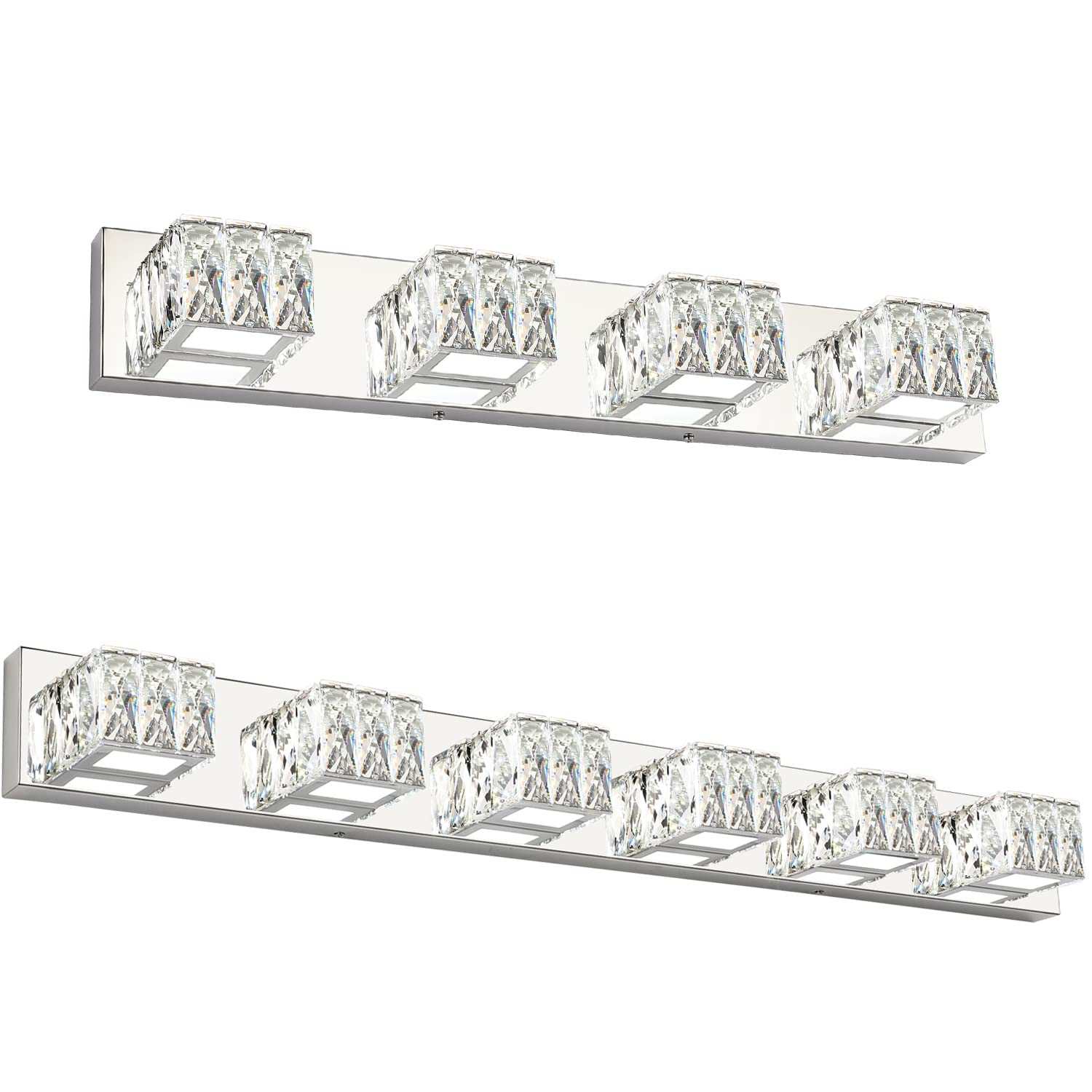 ZUZITO 6-Light & 4-Light Modern Crystal Bathroom Vanity Lighting Set - Stainless Steel Chrome Finish - Perfect for Bathroom Mirror Illumination & Home Decor