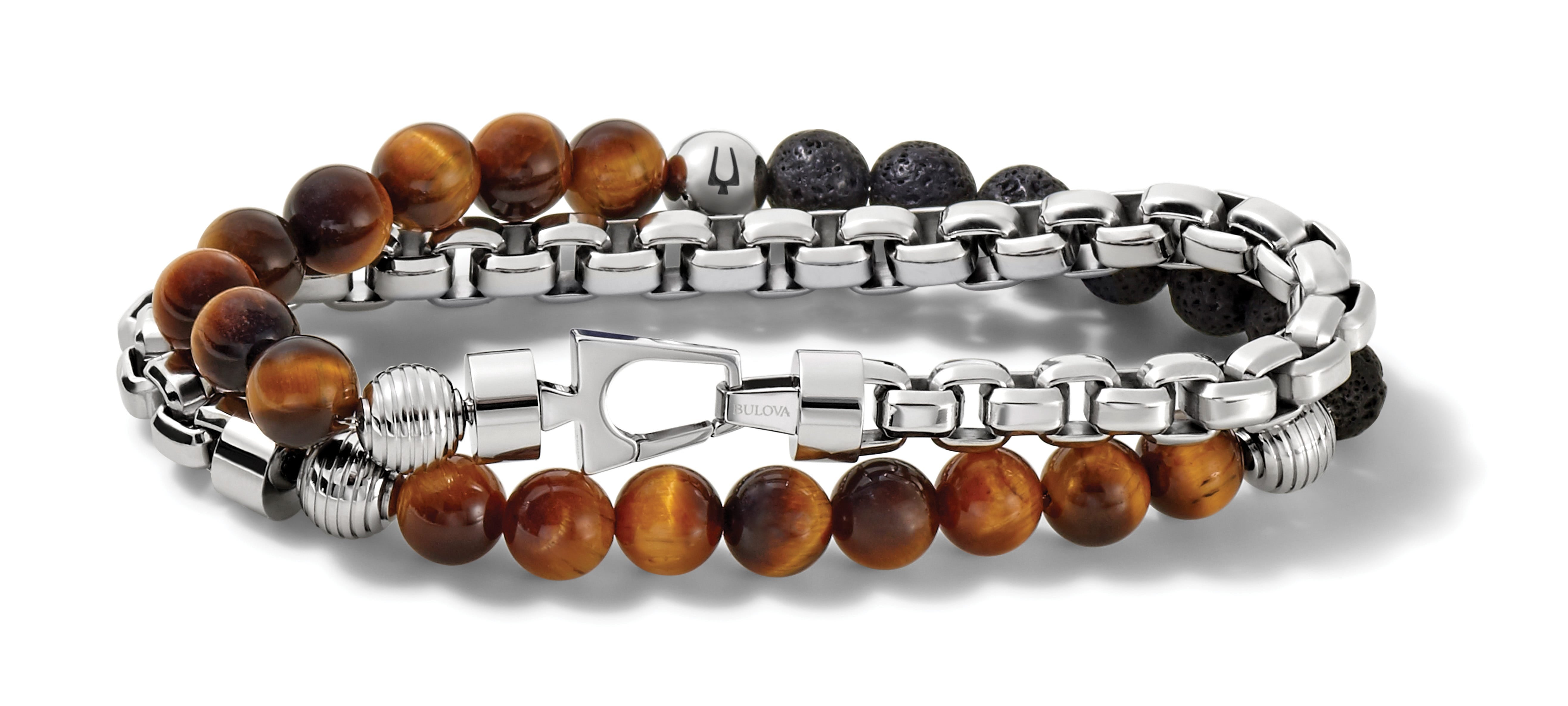 Bulova J96B023M Men's Stainless Steel Bracelet with Tiger's Eye & Black Lava Beads - Stylish Jewelry for Casual Wear, Gifts & Special Occasions