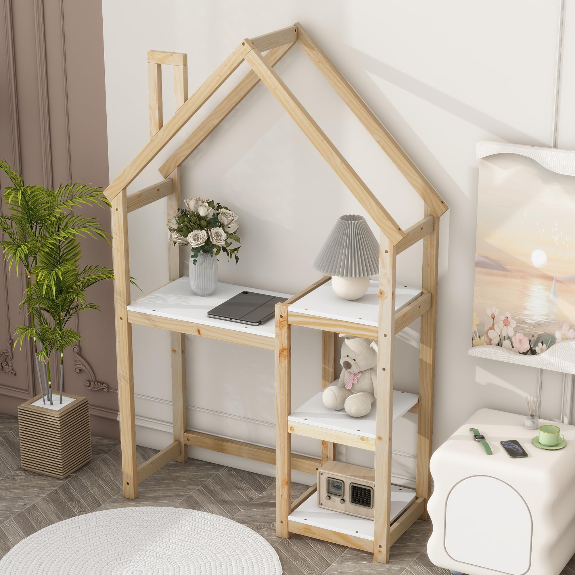 Kids Wooden House-Shaped Writing Desk - Multi-Functional Study Table with 3-Tier Storage Shelves, Open Bookshelf & Toy Organizer - Natural Wood Playroom Furniture for Homework, Crafts & Pretend Play