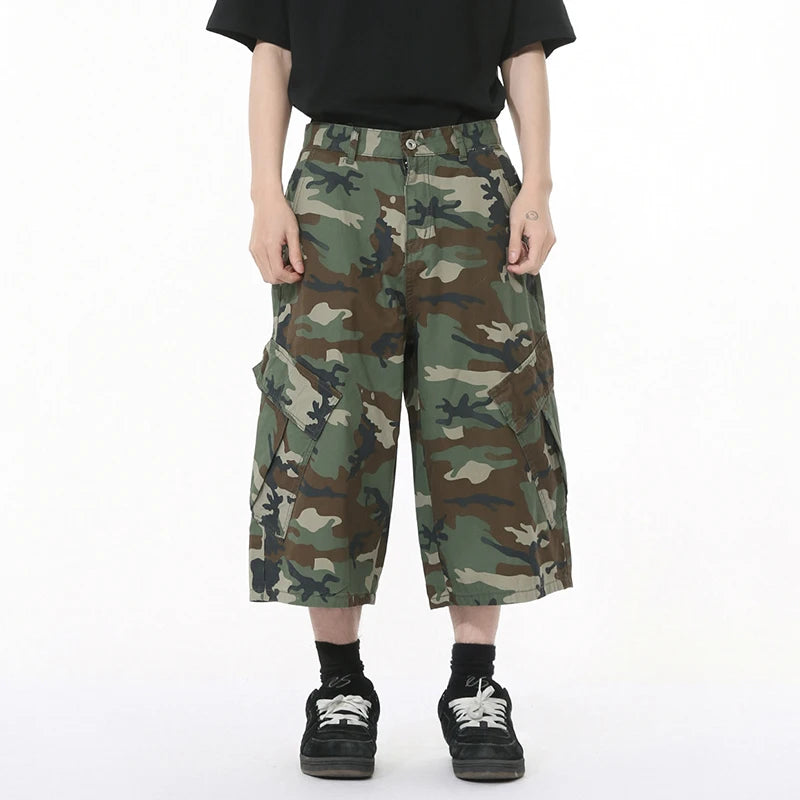 Men's American Style Camouflage Denim Shorts with Side Pockets & Patchwork Design - Casual Straight Wide Leg Baggy Jeans for Men | Perfect for Summer Outfits, Streetwear & Casual Wear