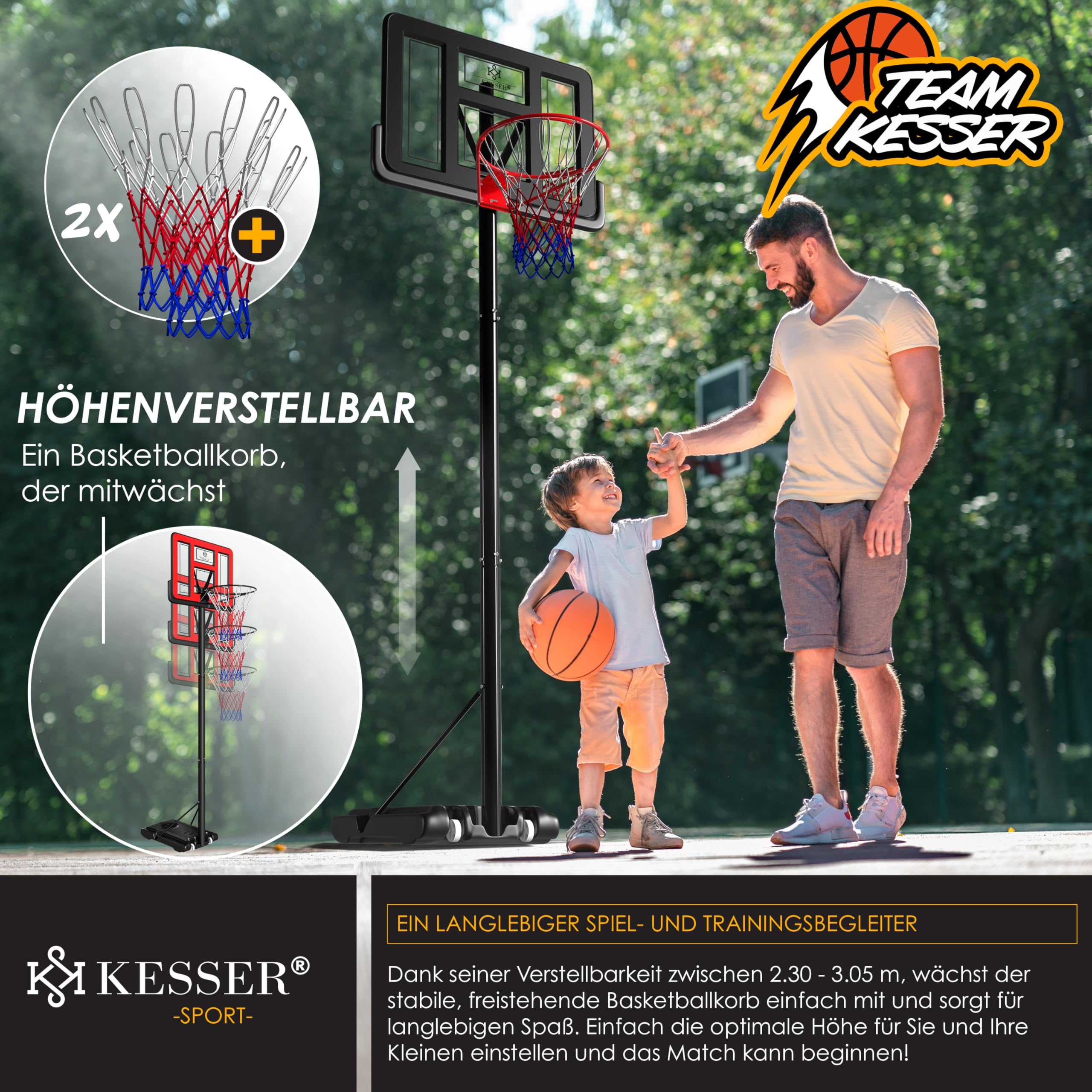 Premium KESSER® Adjustable Basketball Hoop with Stand & Wheels - 7.5ft to 10ft Height Adjustment - Includes Basketball & Air Pump - Indoor/Outdoor Basketball Goal System for Kids & Adults - Perfect for Driveway, Backyard & Gym Training