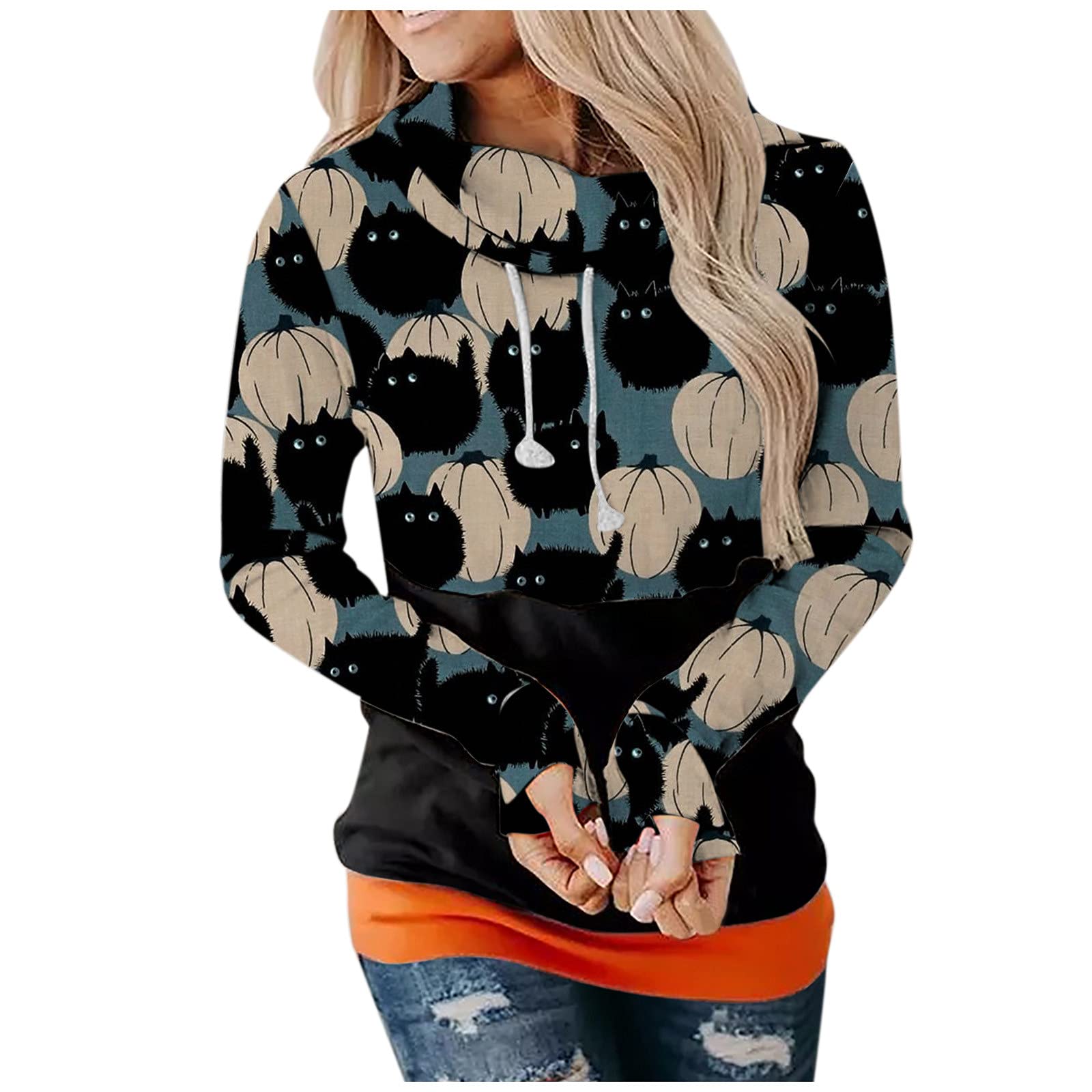 XXBR Women's Halloween Hoodies - Jack-O-Lantern Pumpkin Patchwork Funnel Neck Drawstring Hooded Sweatshirt | Cozy Fall Fashion for Pumpkin Patch Visits, Halloween Parties & Casual Outings