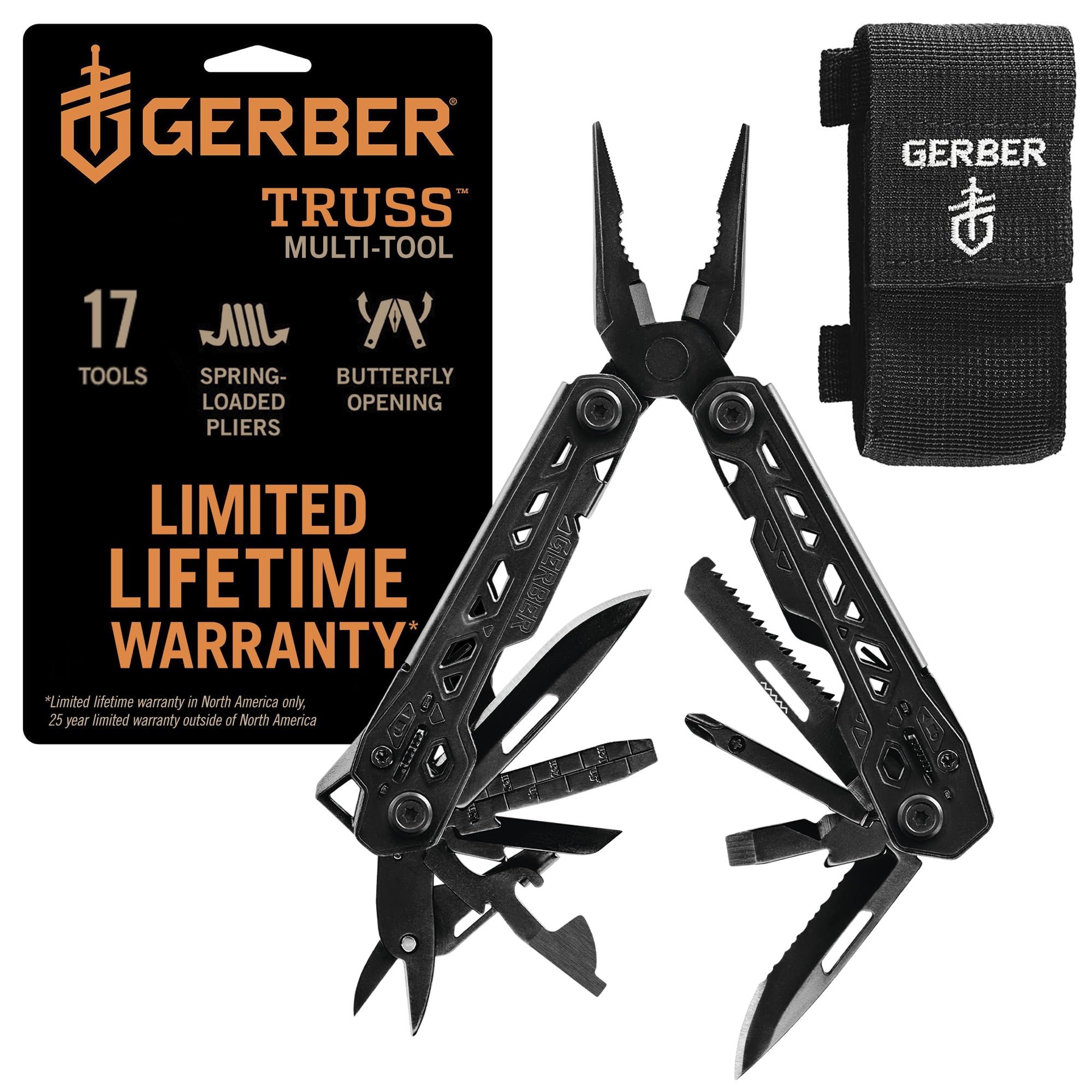 Gerber Gear Truss 17-in-1 Multi-Tool with Needle Nose Pliers, Pocket Knife, Screwdrivers & Bottle Opener - Compact EDC Tool for Camping, Hiking, Fishing & Survival - Perfect Gift for Men & Outdoor Enthusiasts - Includes Molle-Compatible Black Sheath