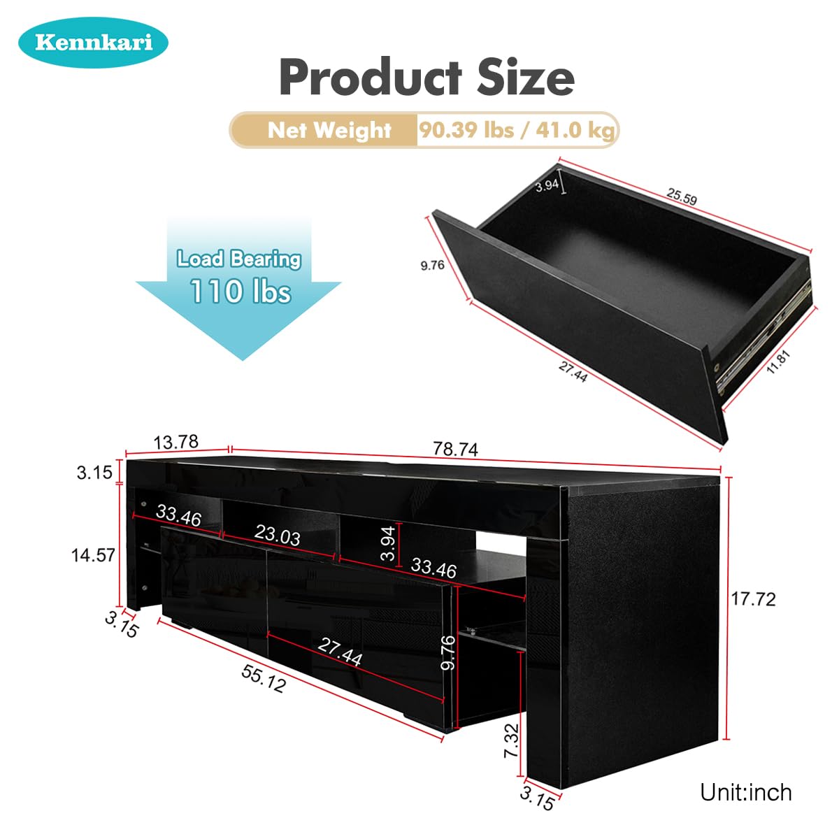 Modern LED TV Stand with Storage Drawers & 20-Color RGB Lights - Entertainment Center for Gaming & Media - Fits Up to 85 Inch TVs (78