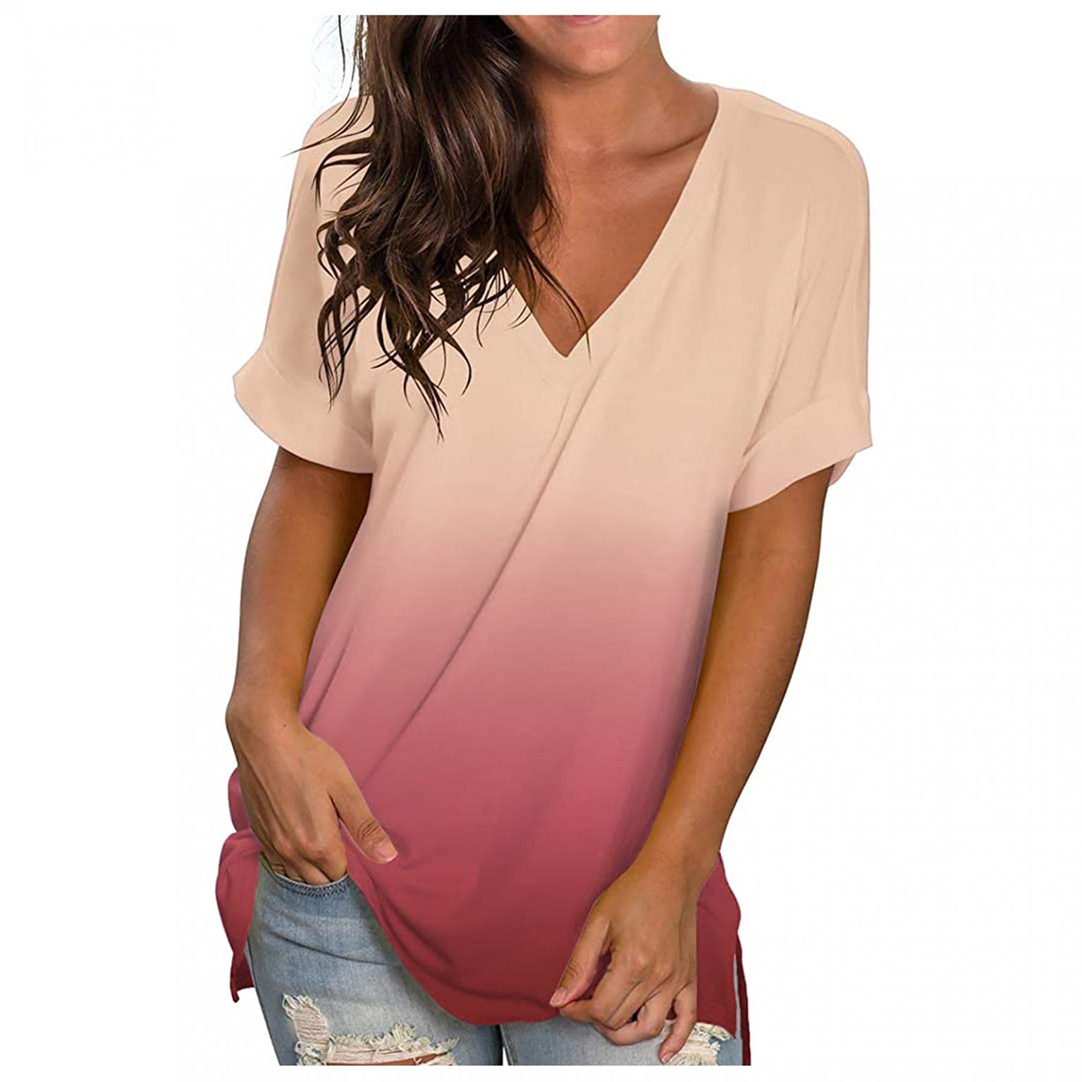 Women's Plus Size Summer Fashion T-Shirt - Gradient Print Casual Short Sleeve Top for Women | Perfect for Beach Outings, Casual Wear & Summer Vacations