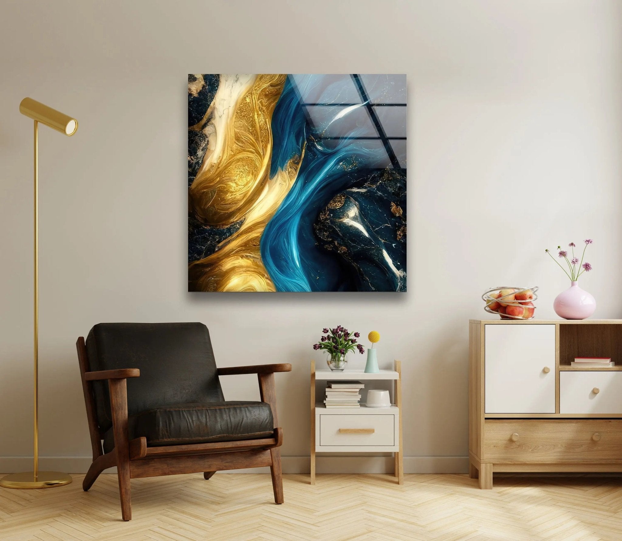 Abstract Marble Blue and Gold Glass Wall Art - Modern Home Decor for Living Room, Bedroom & Office - Elegant Handmade Glass Panel for Wall Display
