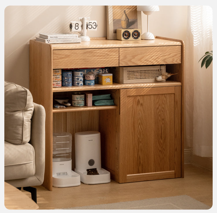 Solid Oak Wood Side Cabinet with Cat Pet Supplies Storage - Perfect for Living Room, Bedroom, or Entryway Organization - Compatible with Robot Vacuum Cleaners