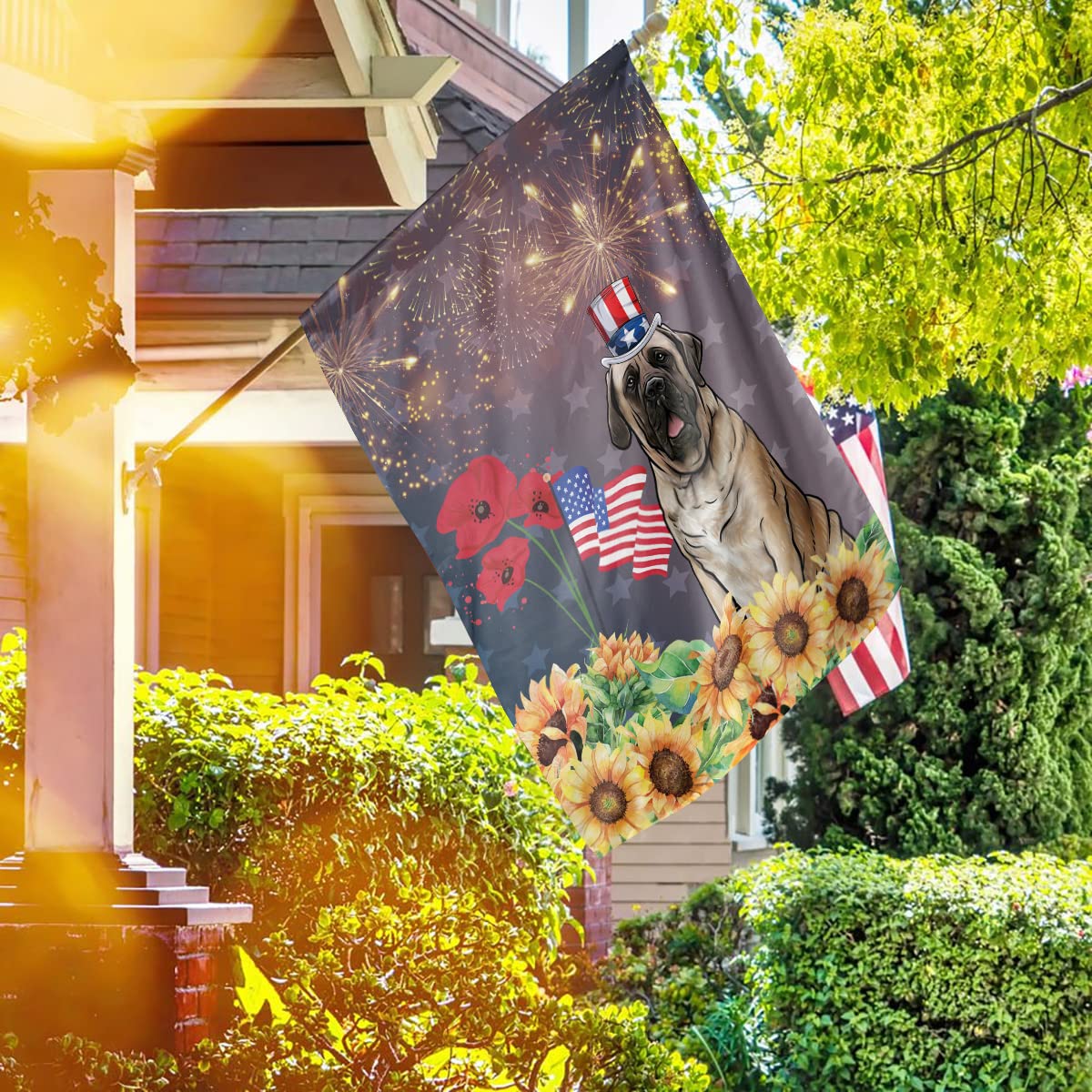 English Mastiff with Sunflowers Happy Independence Day USA Flag - Double Sided Outdoor House & Garden Flag for Dog Lovers - Patriotic American Wall Decor for Yard, Porch, and Home Decoration