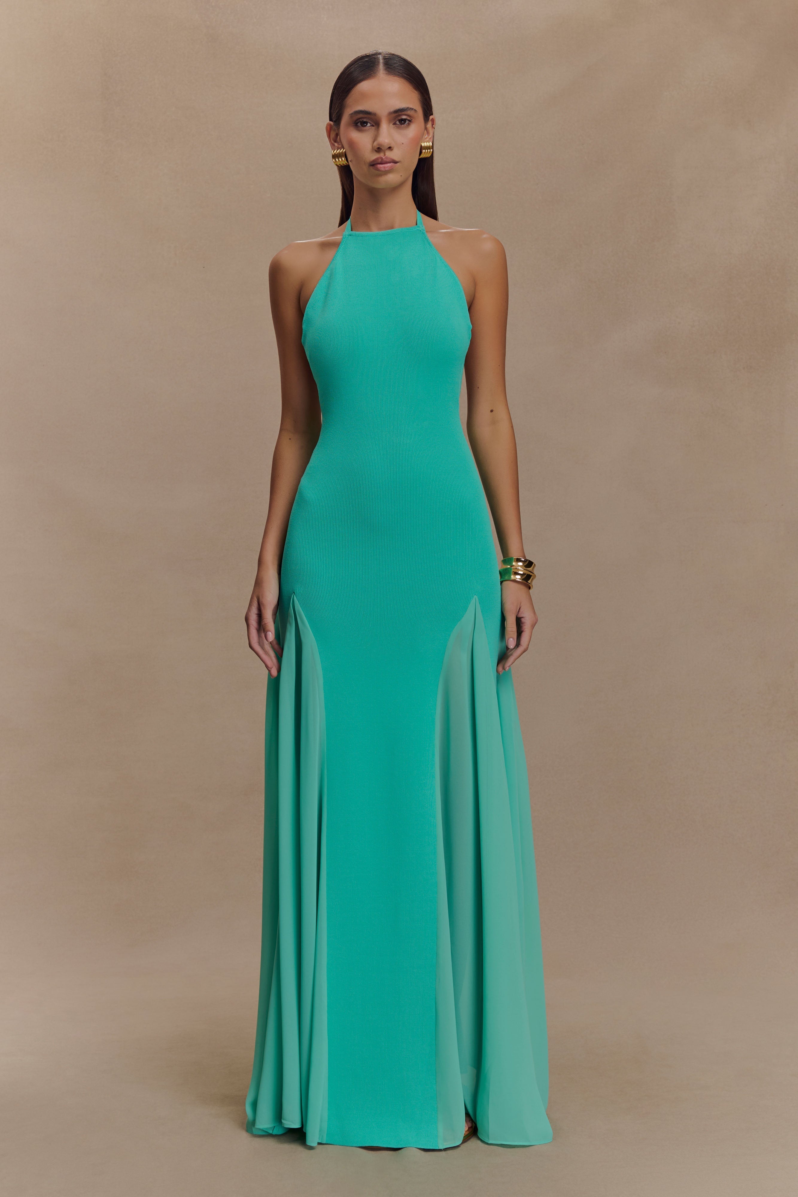 Soleil Knit and Mesh Halter Maxi Dress - Flowy Summer Beach Dress for Women, Elegant Boho Long Dress in Lagoon Blue | Perfect for Beach Vacations, Pool Parties, and Summer Weddings