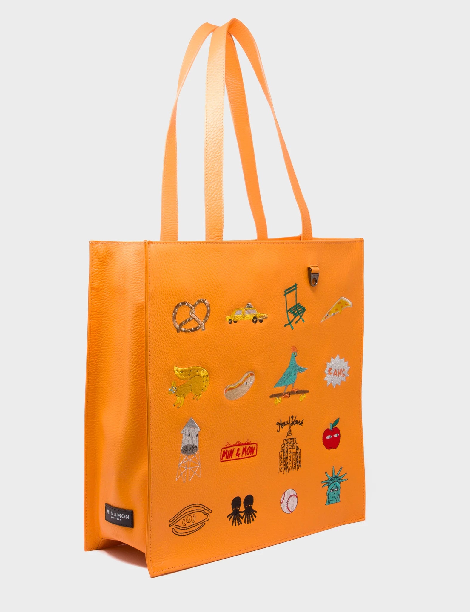 Marko Blazing Orange Leather Tote Bag with Eye Love New York Embroidery - Stylish Women's Handbag for Work, Travel & Everyday Use