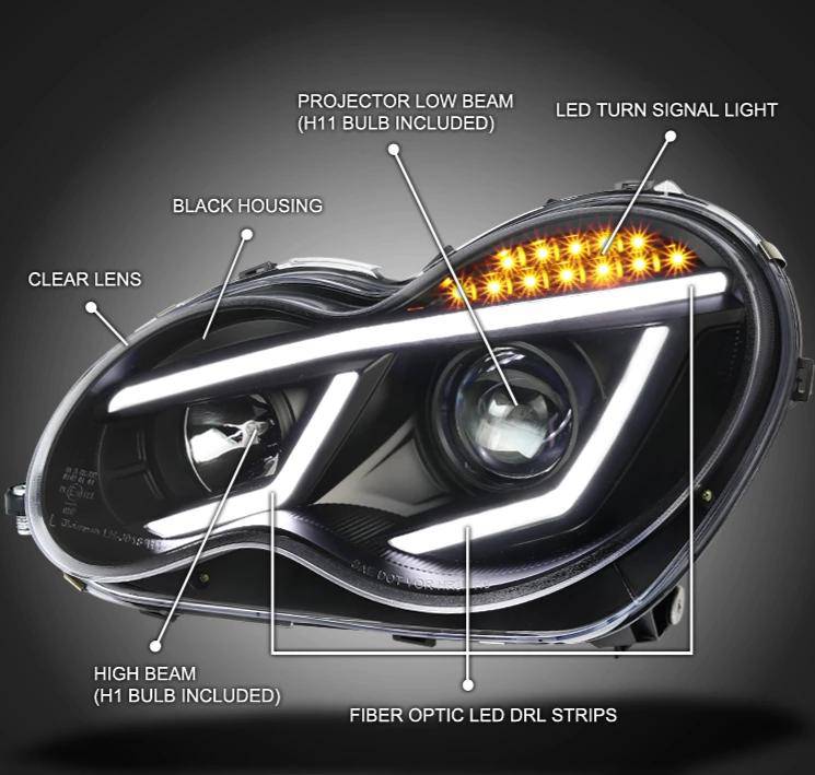 2001-2007 Mercedes C-Class W203 LED Projector Headlight Housing Kit - Black - Upgrade for Night Driving & Enhanced Style
