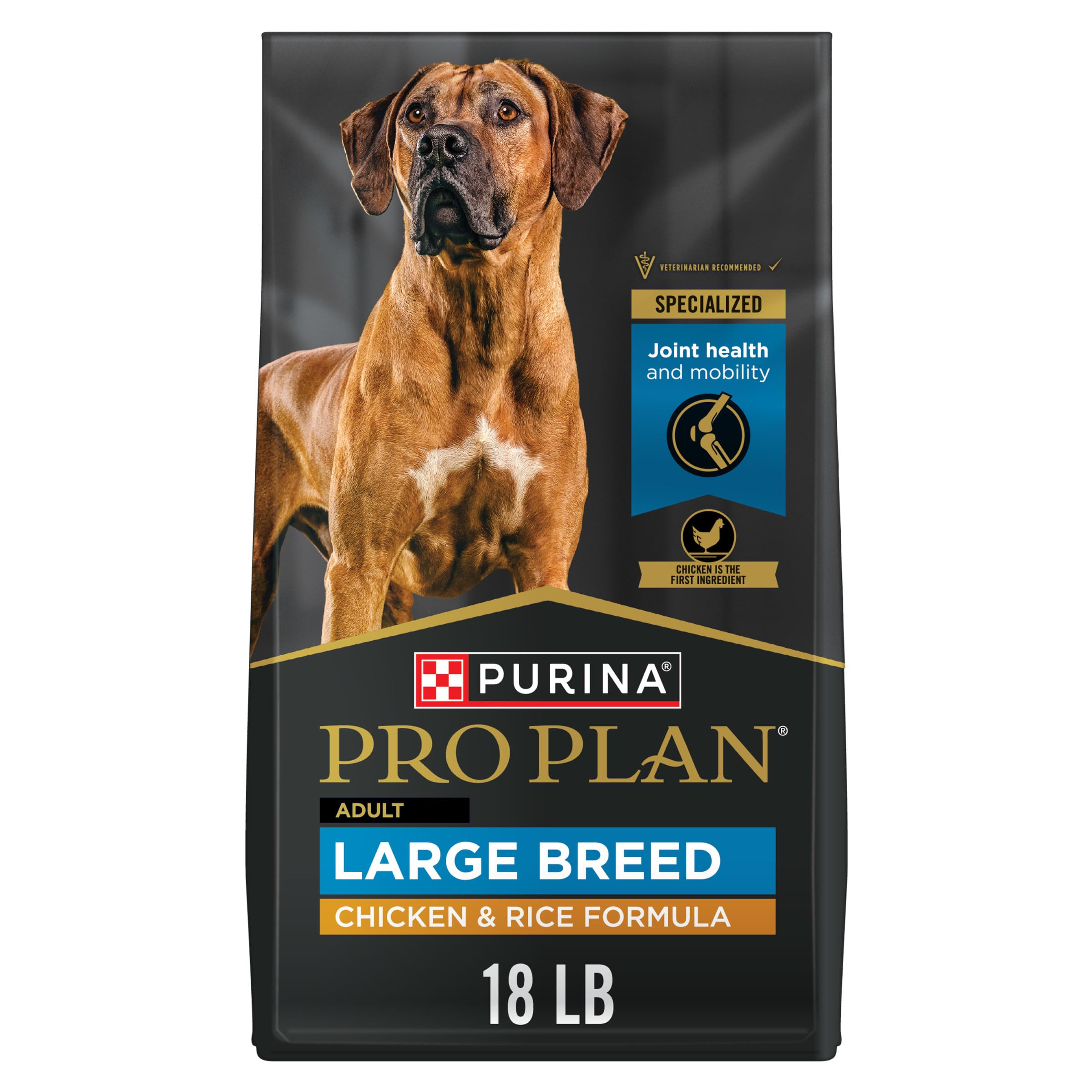 Purina Pro Plan High Protein Large Breed Dry Dog Food - Chicken & Rice Formula for Digestive Health - 18 lb Bag - Ideal for Active Dogs & Sensitive Stomachs