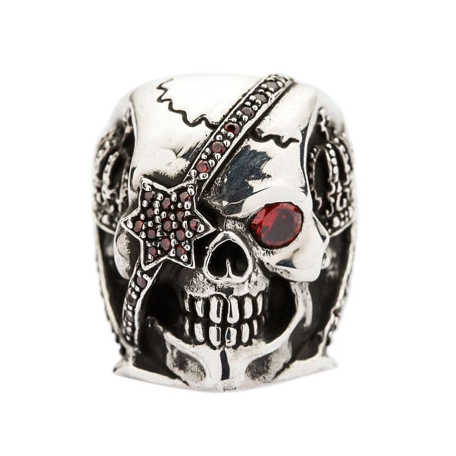 Sterling Silver Red Garnet Eye Crown Pirate Skull Ring for Men - Gothic Jewelry, Punk Accessory, Halloween Costume, Cosplay, Steampunk Fashion