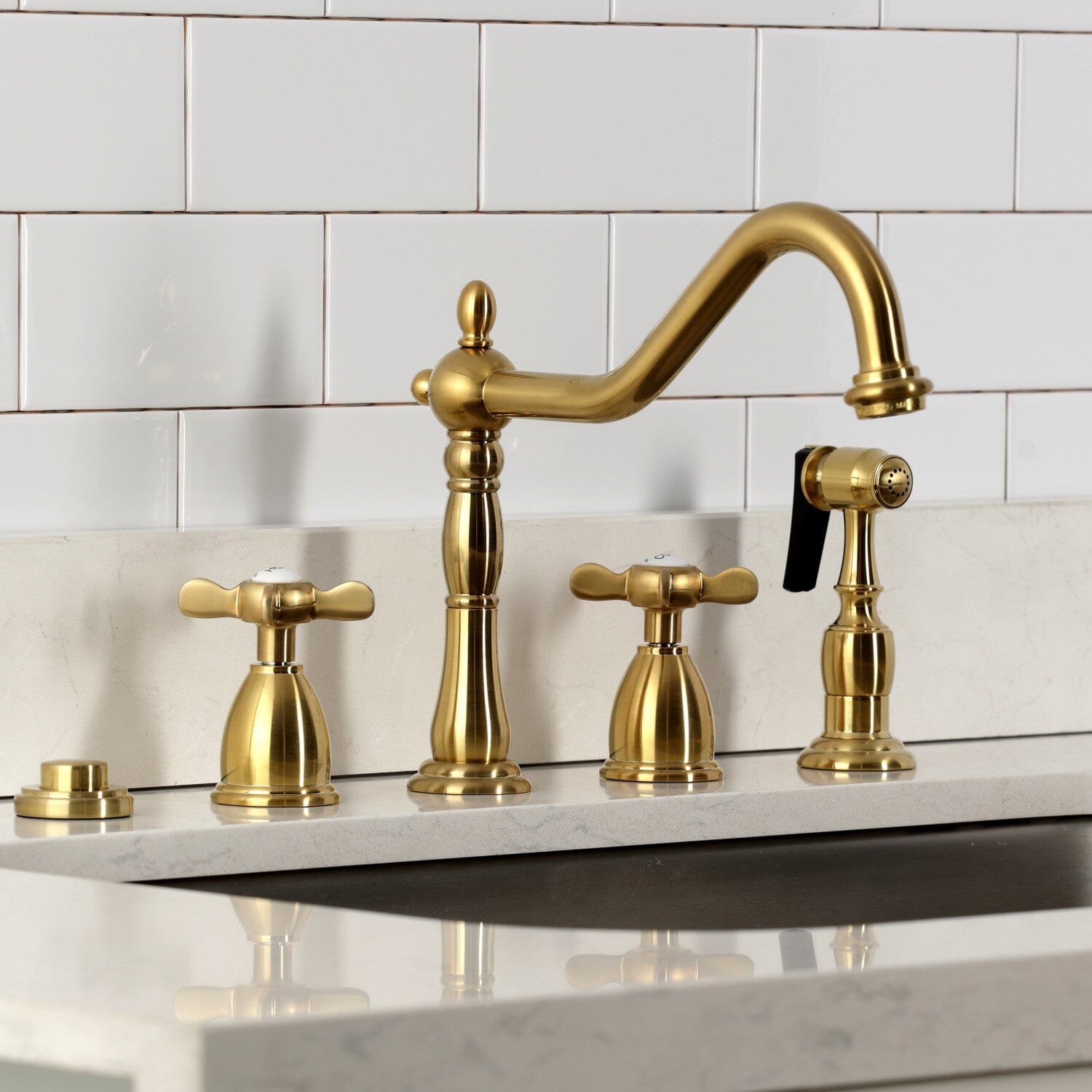 Essex Double Handle 4-Hole Widespread Kitchen Faucet with Brass Sprayer - Modern Brushed Nickel Finish for Farmhouse & Contemporary Kitchens