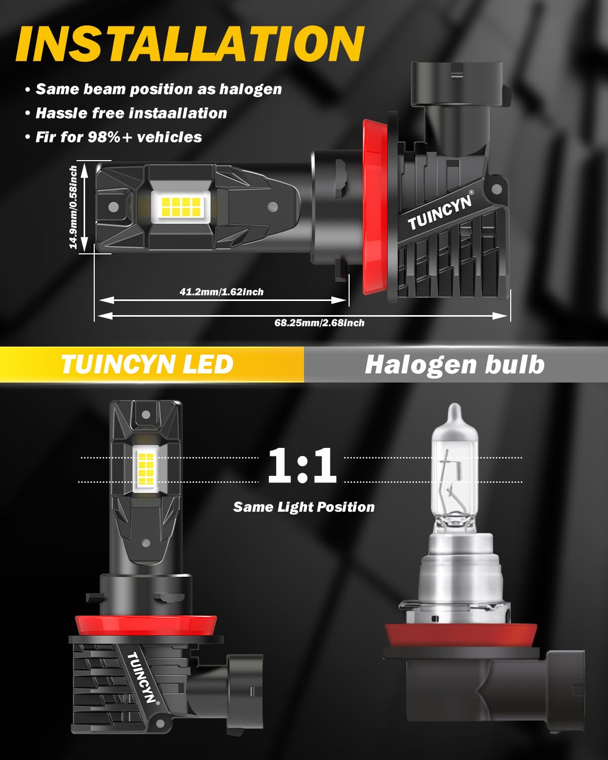 TUINCYN 2024 Upgraded H11/H8 LED Bulb - Super Bright 16000LM 80W 6000K White Fanless Fog Light Bulbs, 1:1 Mini Size, Plug and Play, No Adapter Required, Non-Polarity, Pack of 2 - Perfect for Trucks, SUVs, and Off-Road Vehicles in Foggy or Low Visibility Conditions