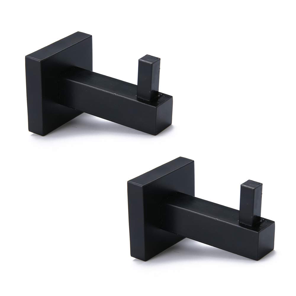 Stainless Steel Wall Mounted Bathroom Hand Towel Holder - 2 Pack Matte Black Square Door Hooks for Shower, Clothes, Robes & Towels - Heavy Duty Small Wall Hanger for Bathroom Accessories & Home Decor