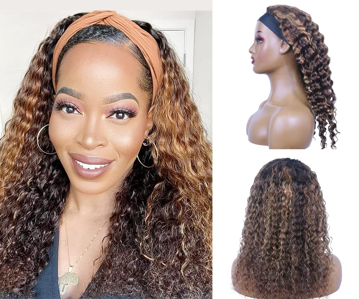 WENYAN Ombre Headband Wig - 26 Inch Deep Wave Human Hair Wig for Black Women | #4/27 Highlight Curly Glueless Lace-Free Brazilian Virgin Hair | 150% Density Machine Made | Perfect for Daily Wear, Parties & Protective Styling