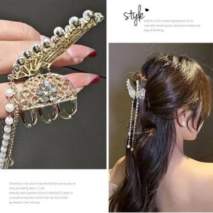 NANDANA COLLECTIONS Pearl Hair Clips for Women - Elegant Stone Hair Accessories, Wedding Butterfly Claw Clip, Hair Clutcher for Girls & Women | Perfect for Bridal, Party, and Everyday Use