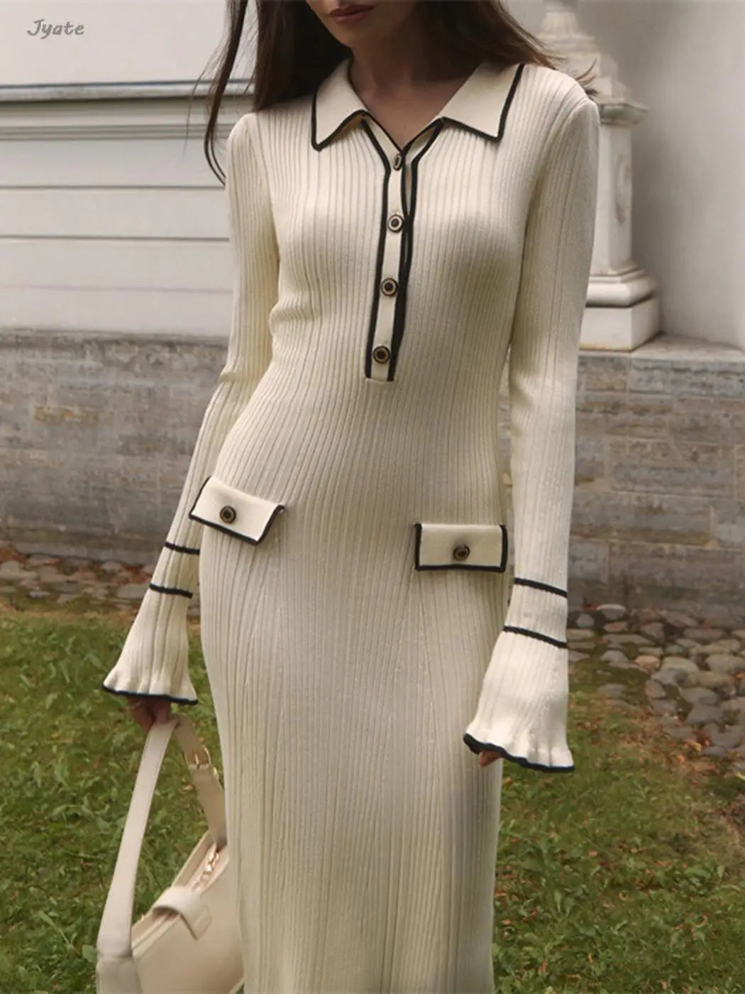 French Ruffle Knit Dress for Women - Fall Fashion Long Sleeve Lapel Button Elegant Patchwork Dress | Perfect for Office, Parties & Special Occasions