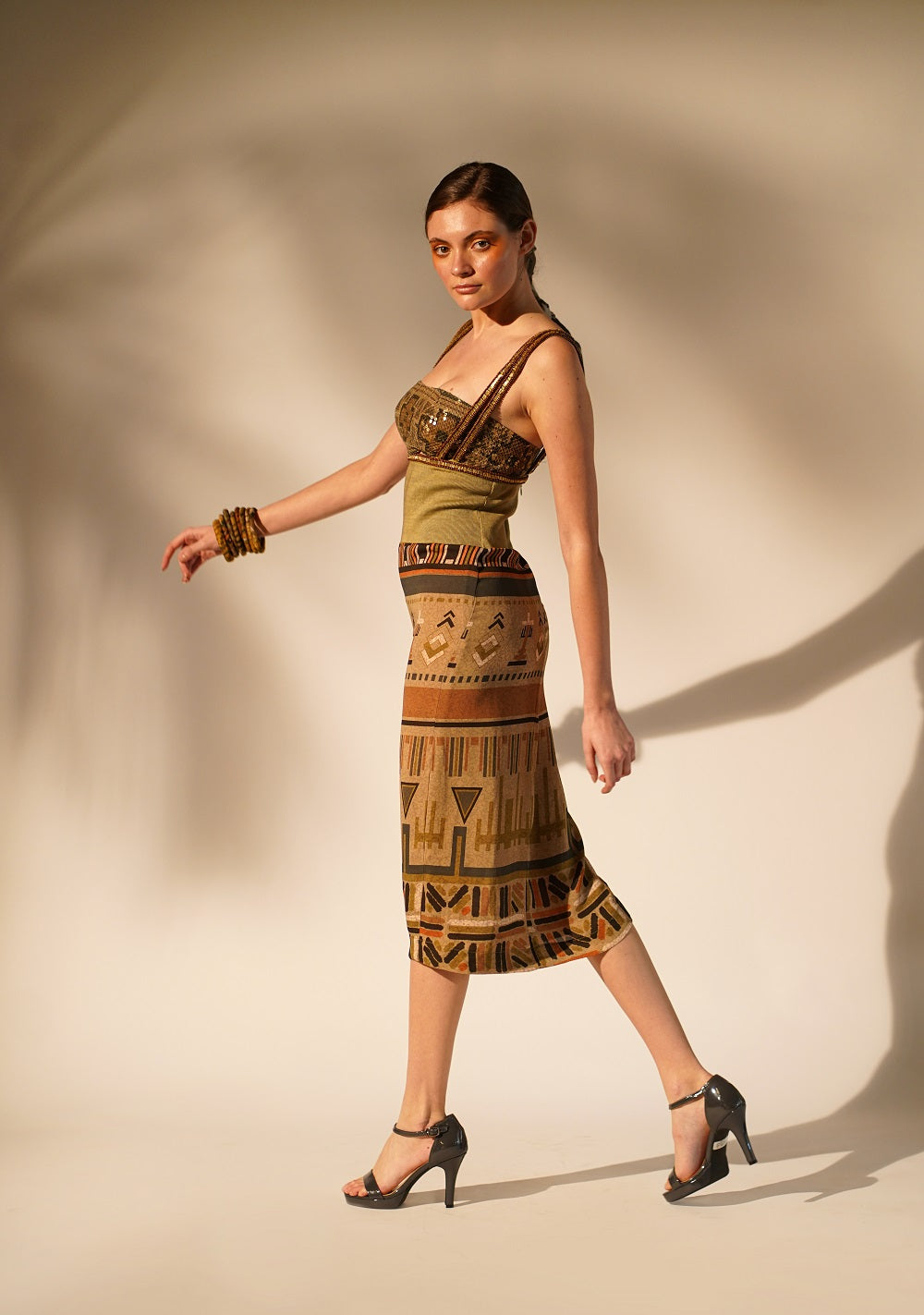 Stylish Green Aztec Print Rib Dress with Hand Thread & Wooden Embellishments - Perfect for Boho Chic Outfits, Festivals, and Summer Parties